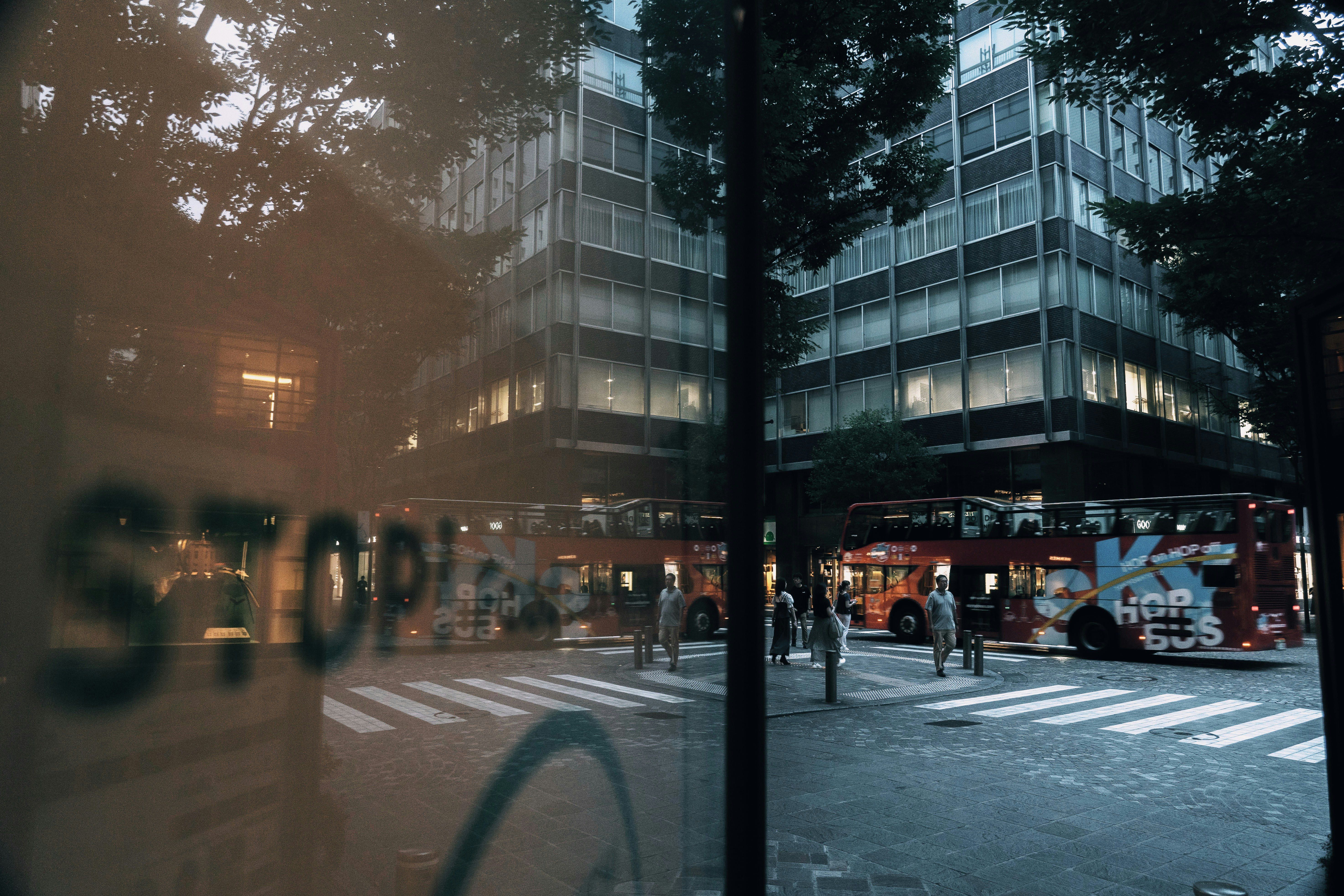 urban street corner with a crosswalk and buses