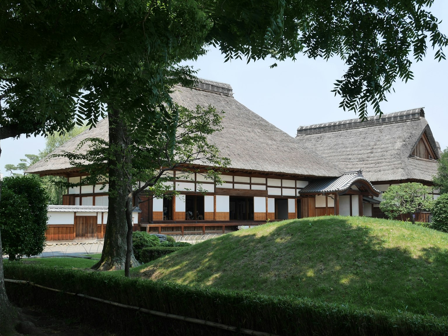 Rumah tradisional Jepang dengan atap jerami dikelilingi oleh vegetasi