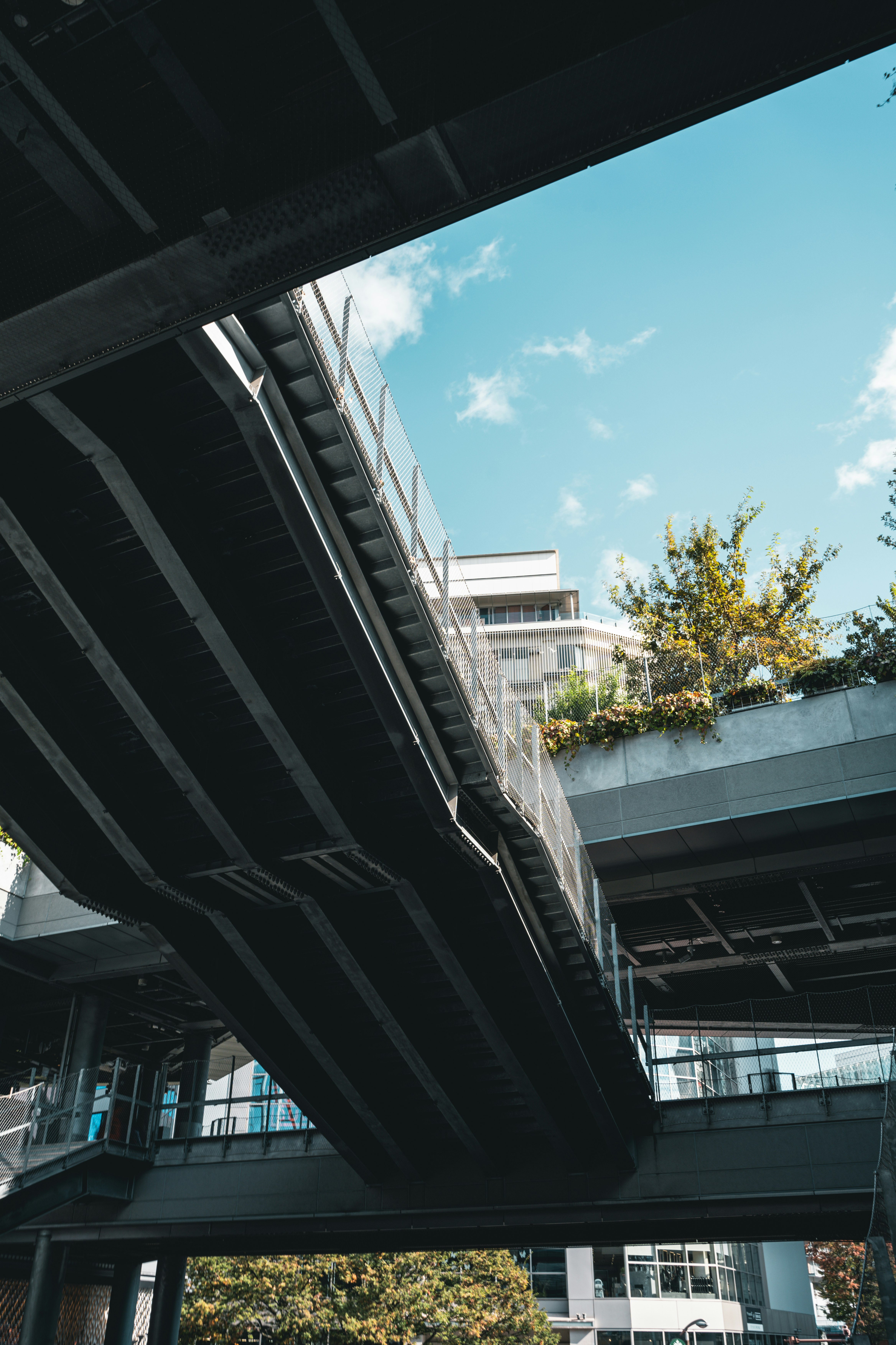 lorong perkotaan di bawah struktur beton yang ditinggikan dengan gedung kaca