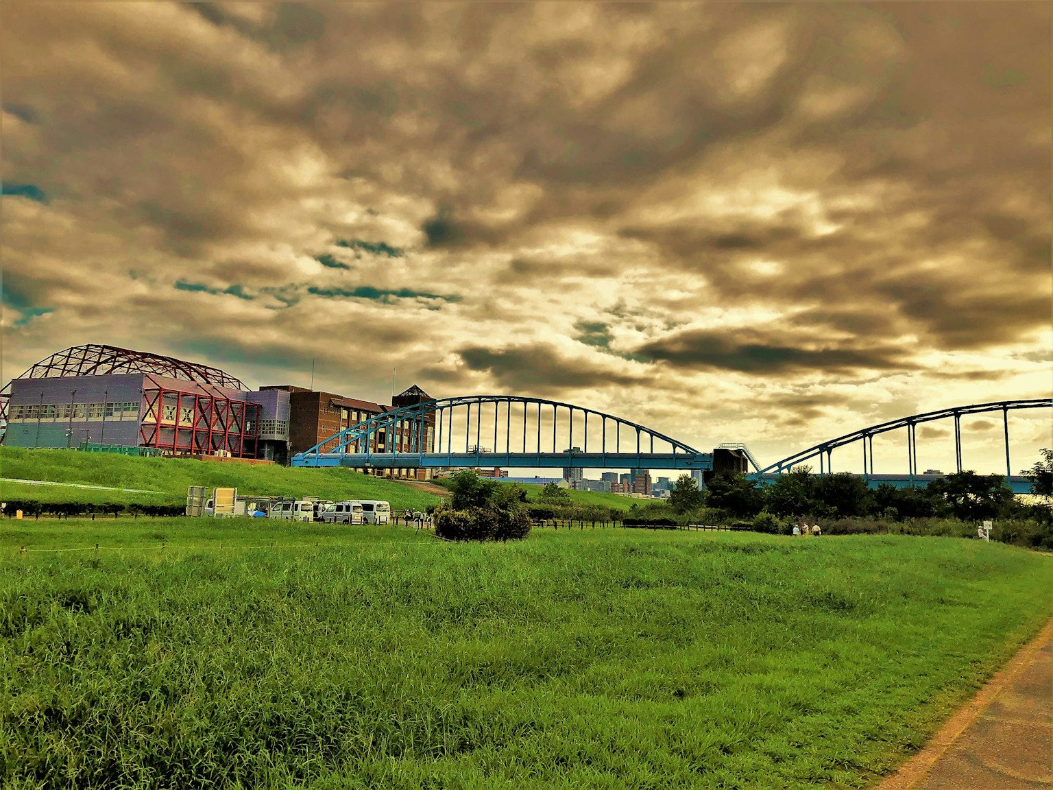 綠色草地和橋樑在多雲的天空下的風景