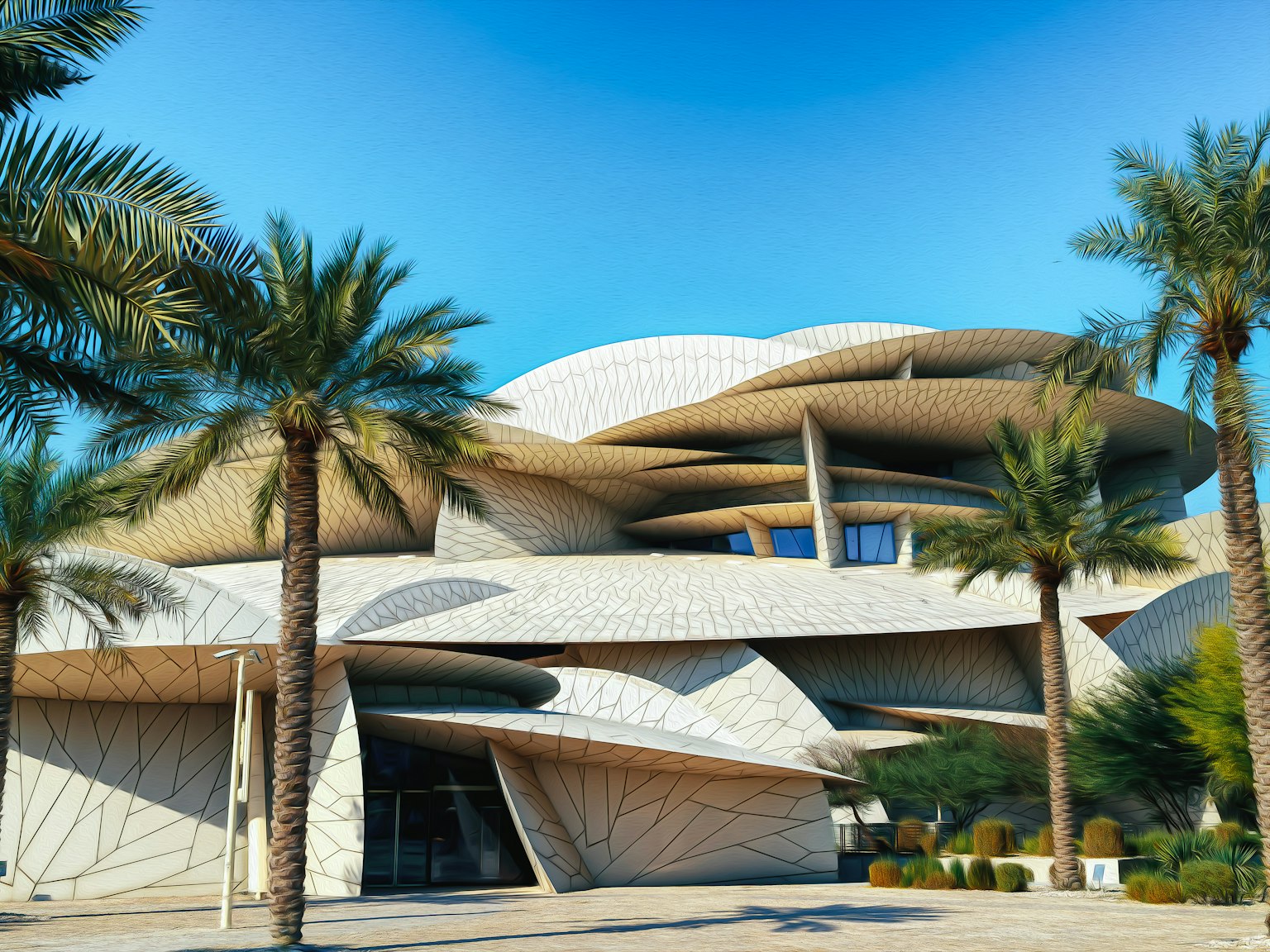 Facciata architettonica moderna a Doha con palme