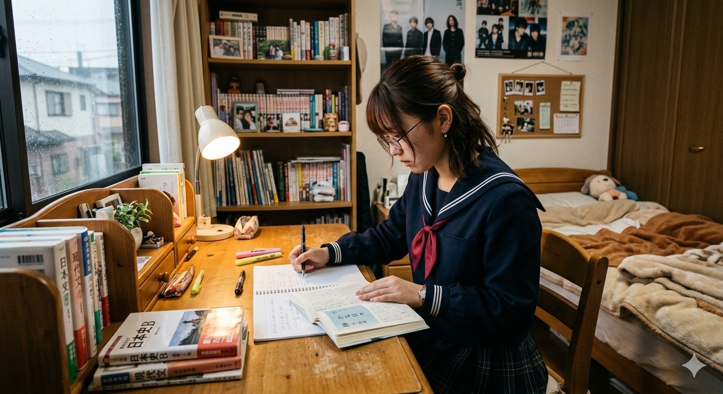 自室で勉強する女性の机まわり