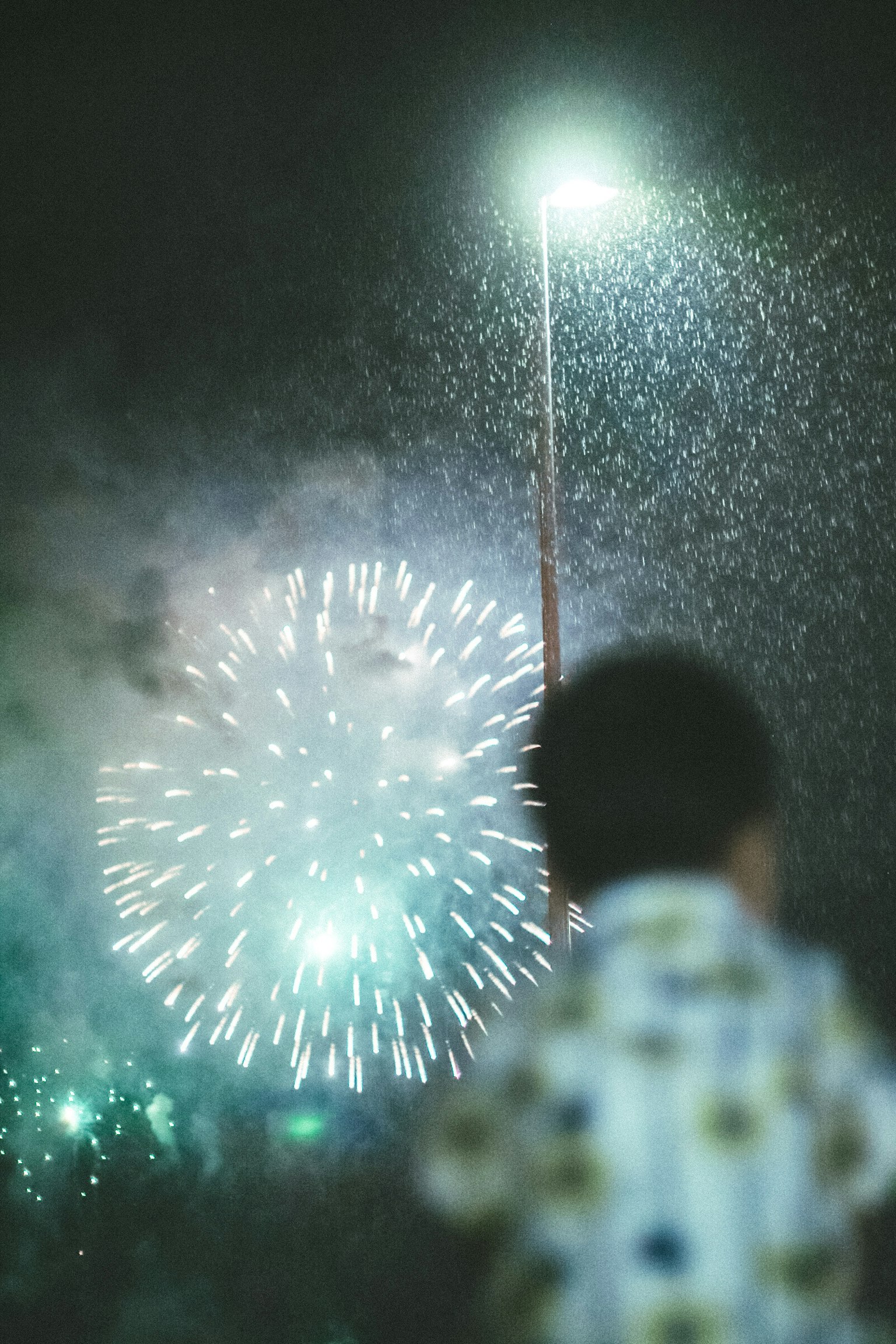 孩子在夜空中觀看五彩繽紛的煙花