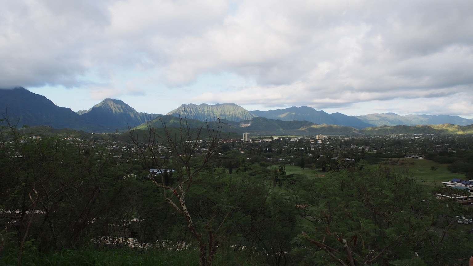 Paesaggio lussureggiante con montagne in uno scenario hawaiano