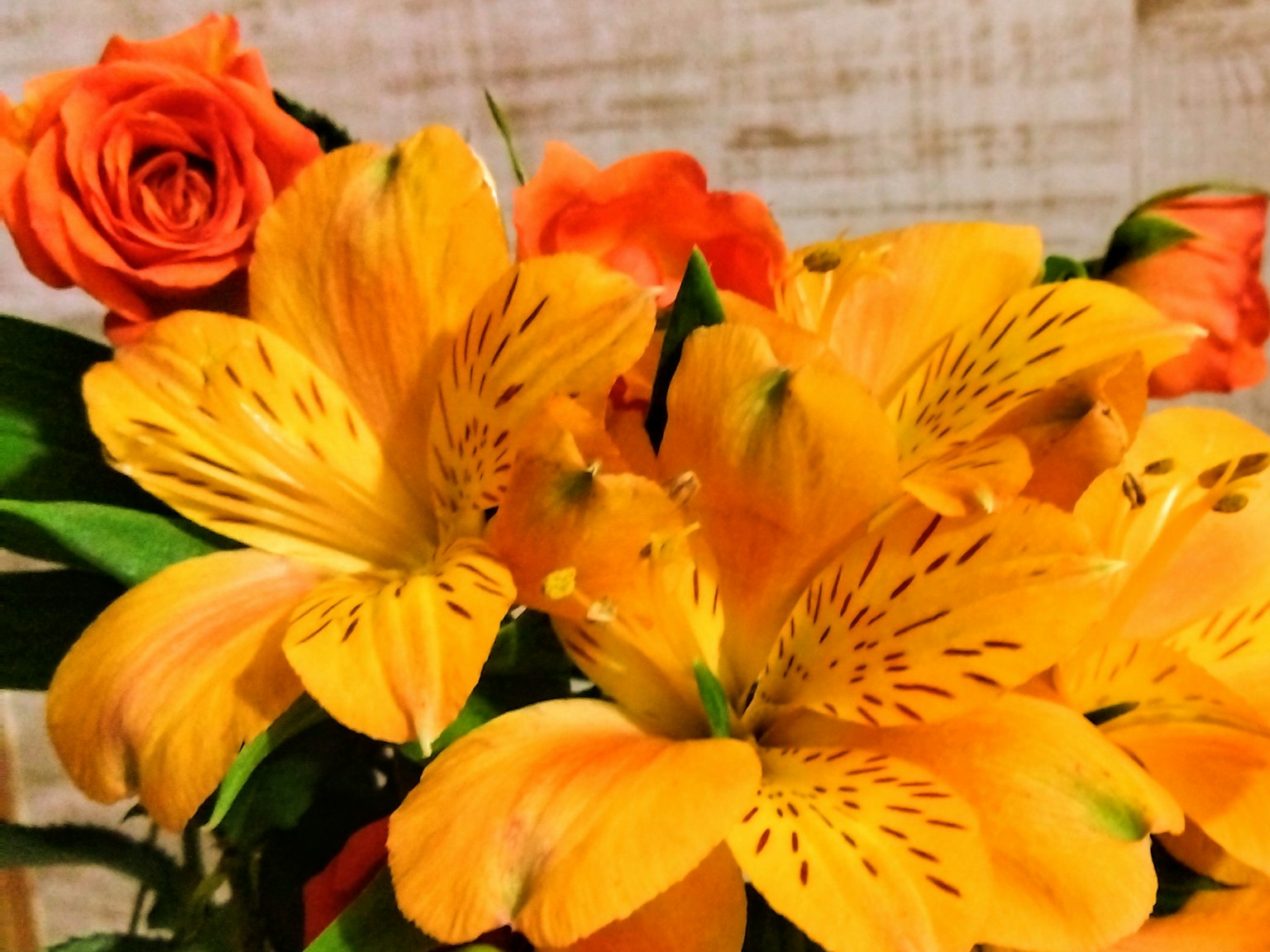 Ramo de rosas naranjas y flores de alstroemeria amarillas
