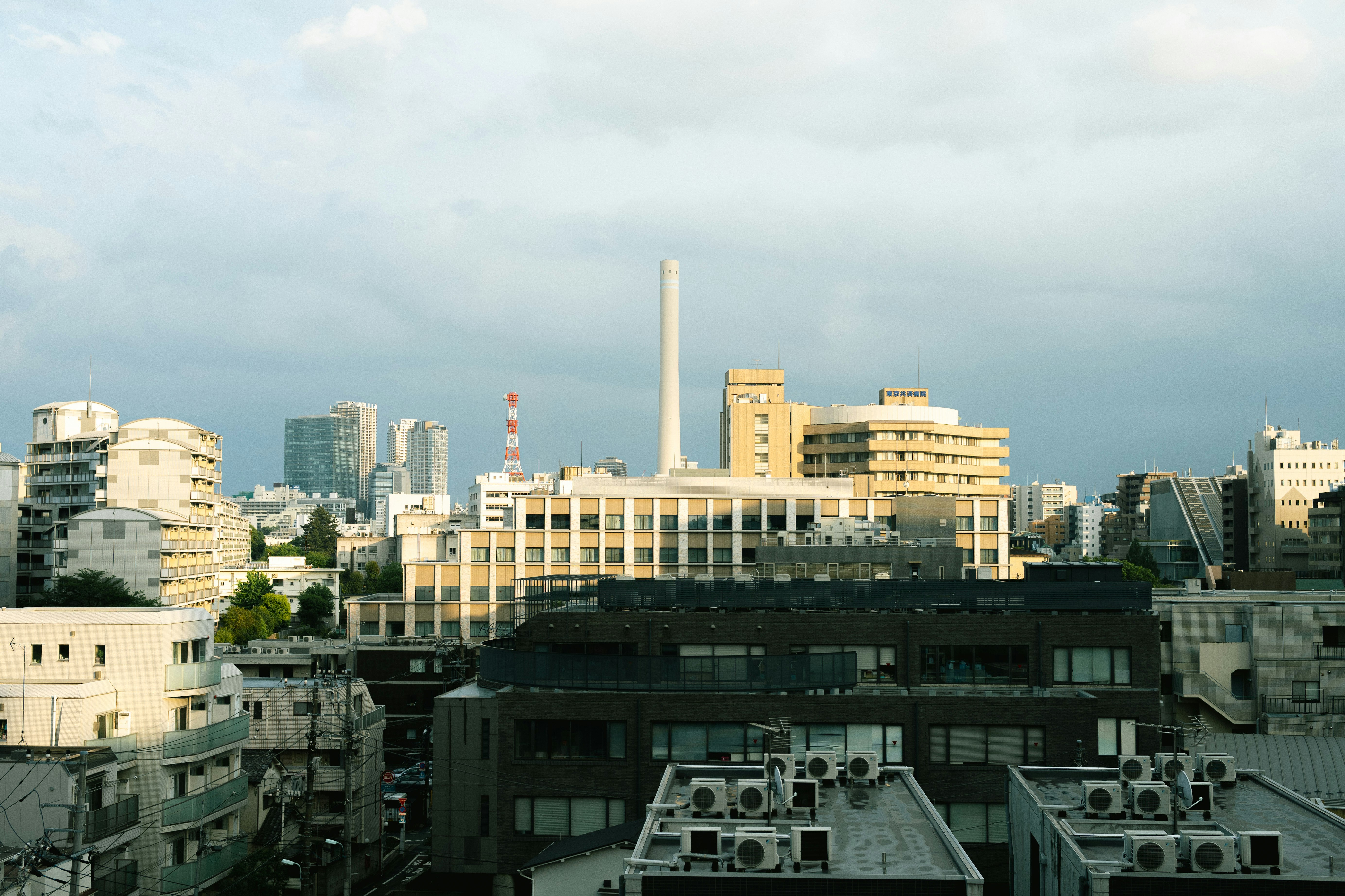 都市の屋上から見下ろすビル群と遠くの高層タワー