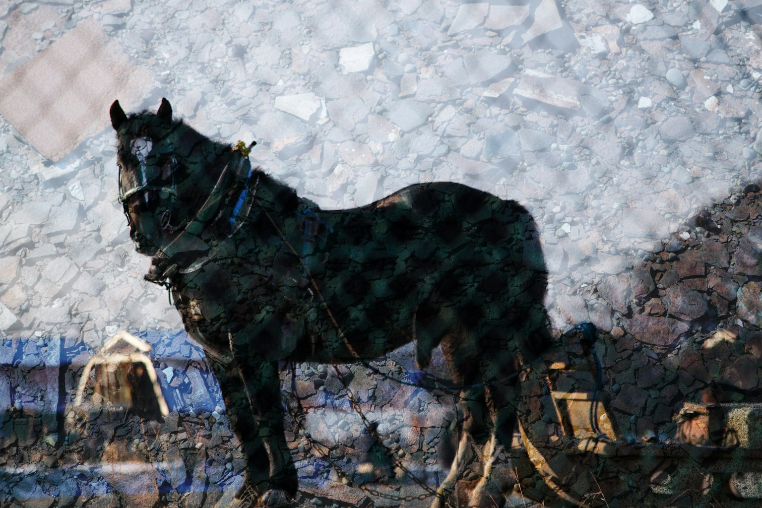 A black horse standing behind a fence with a rural background