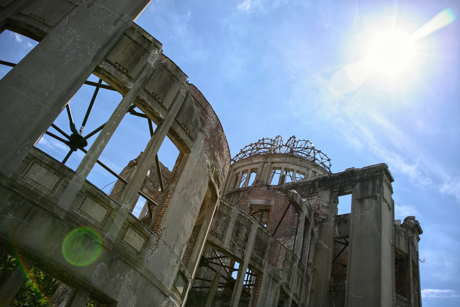 Hiroshima Peace Memorial, a skeletal structure under a clear blue sky