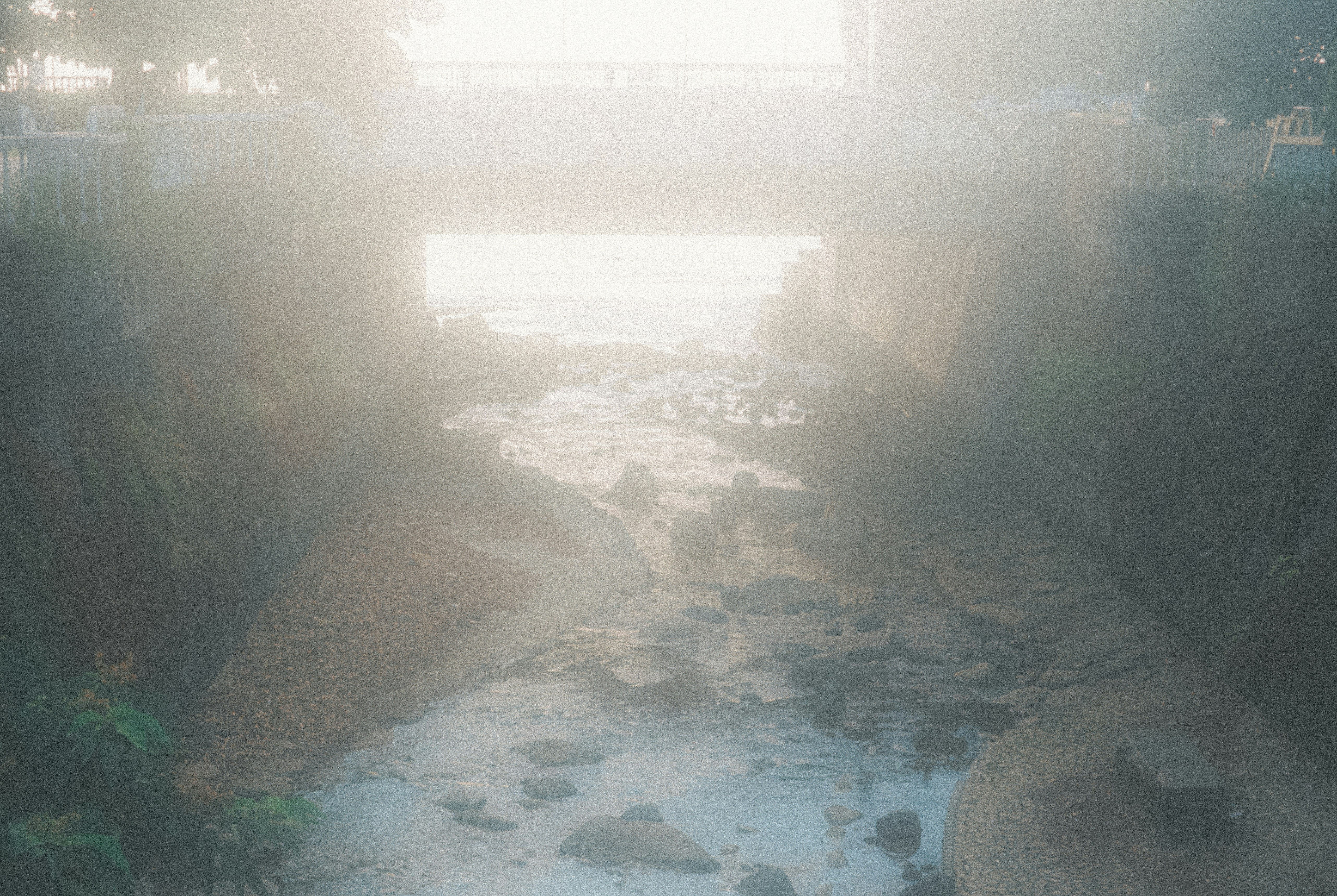 霧のかかった川沿いの岩と水面の風景