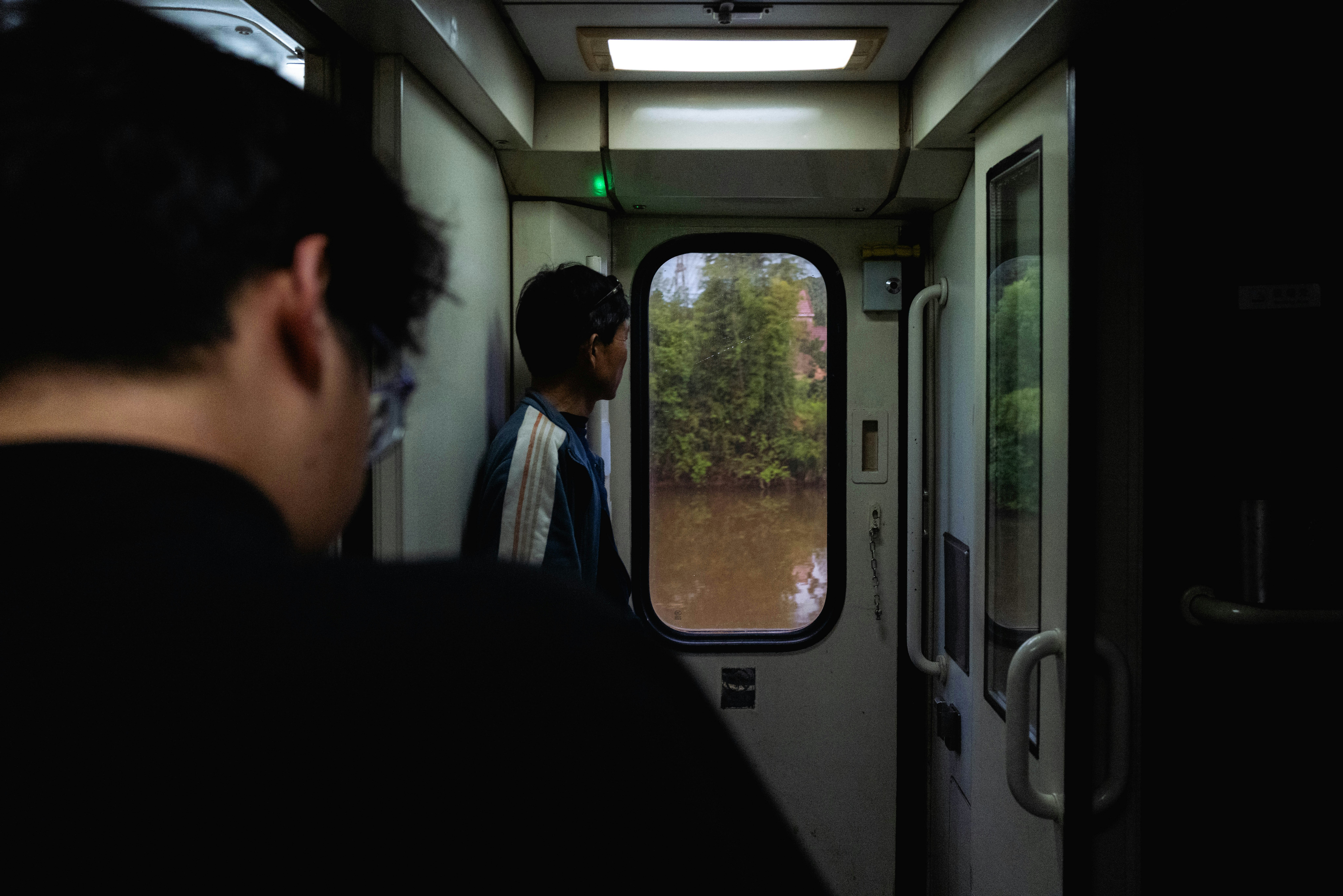 車内の窓から見える線路沿いの風景