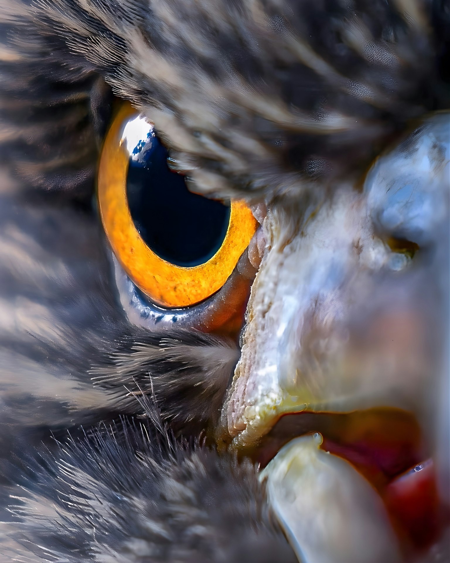 Close-up of a bird's eye featuring a vibrant orange iris and a black pupil
