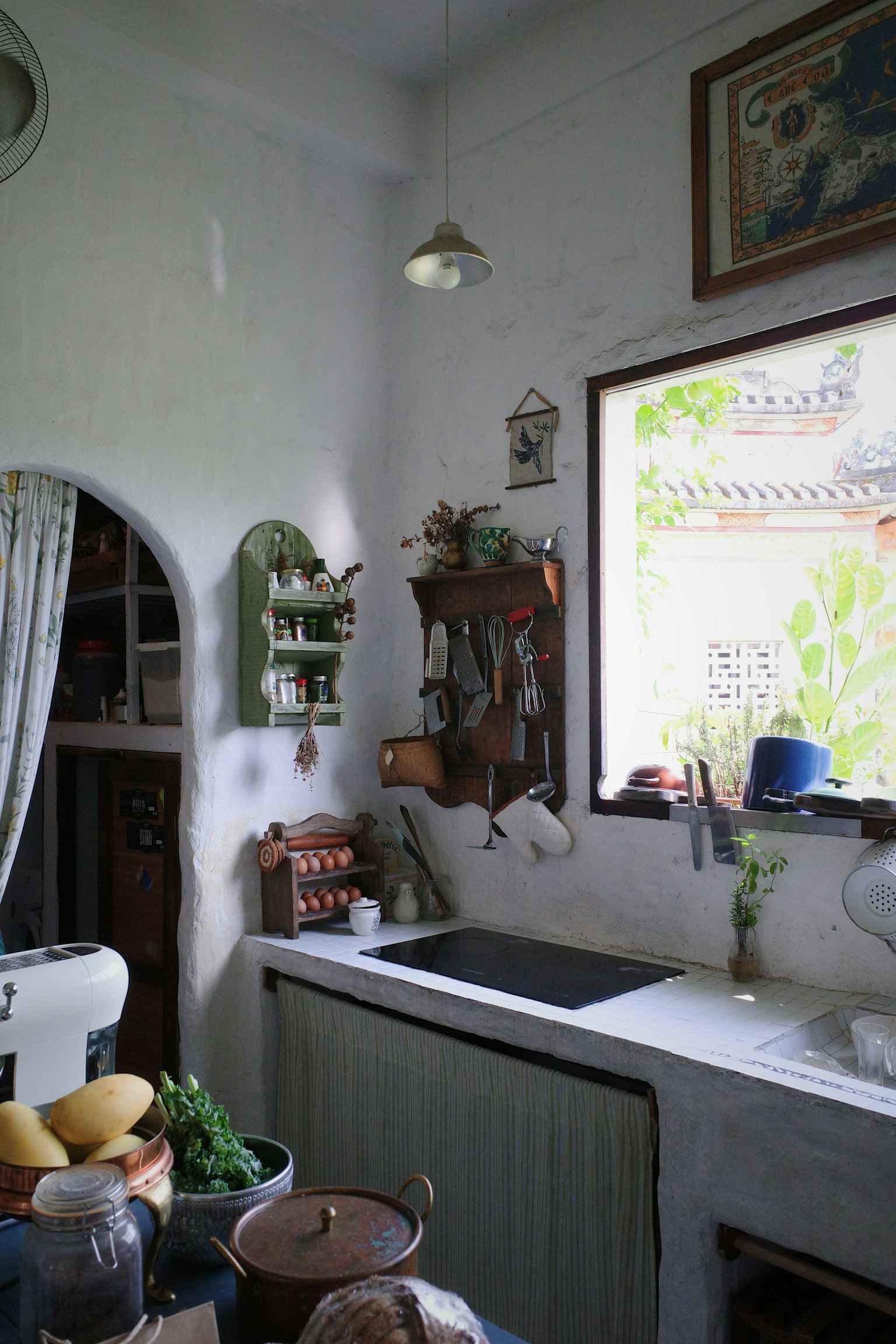 Cucina vintage dai colori brillanti con mensole e piante in vaso