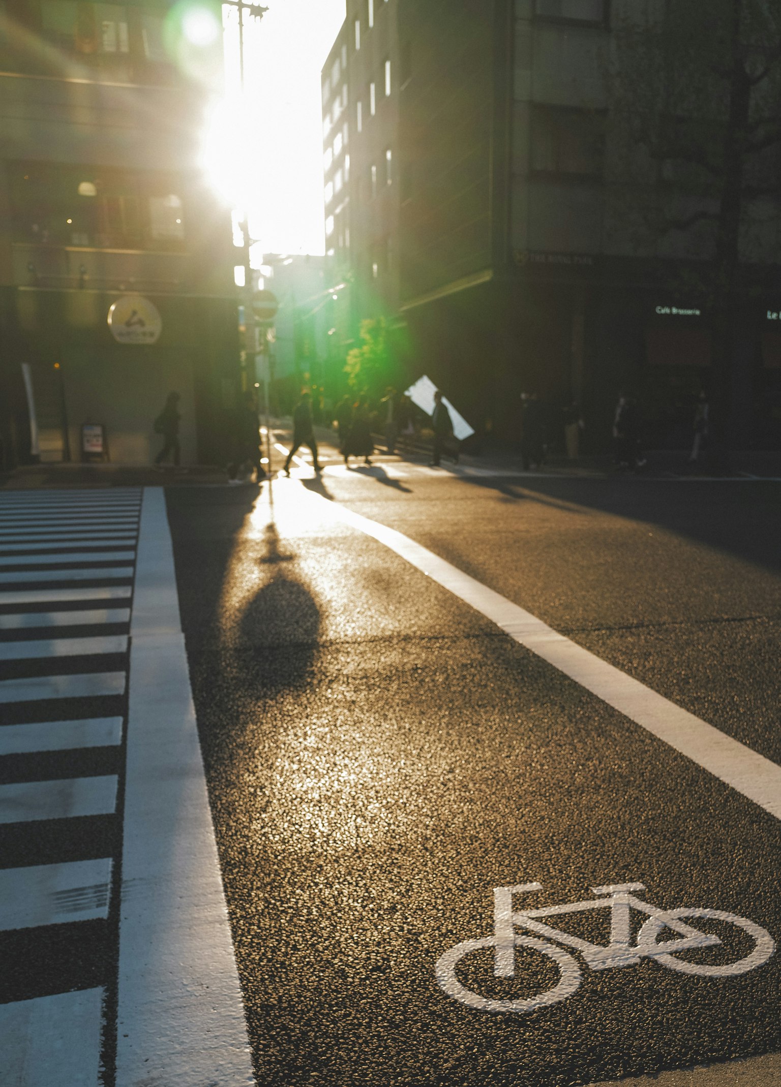 City street at sunset with a bicycle symbol on the pavement
