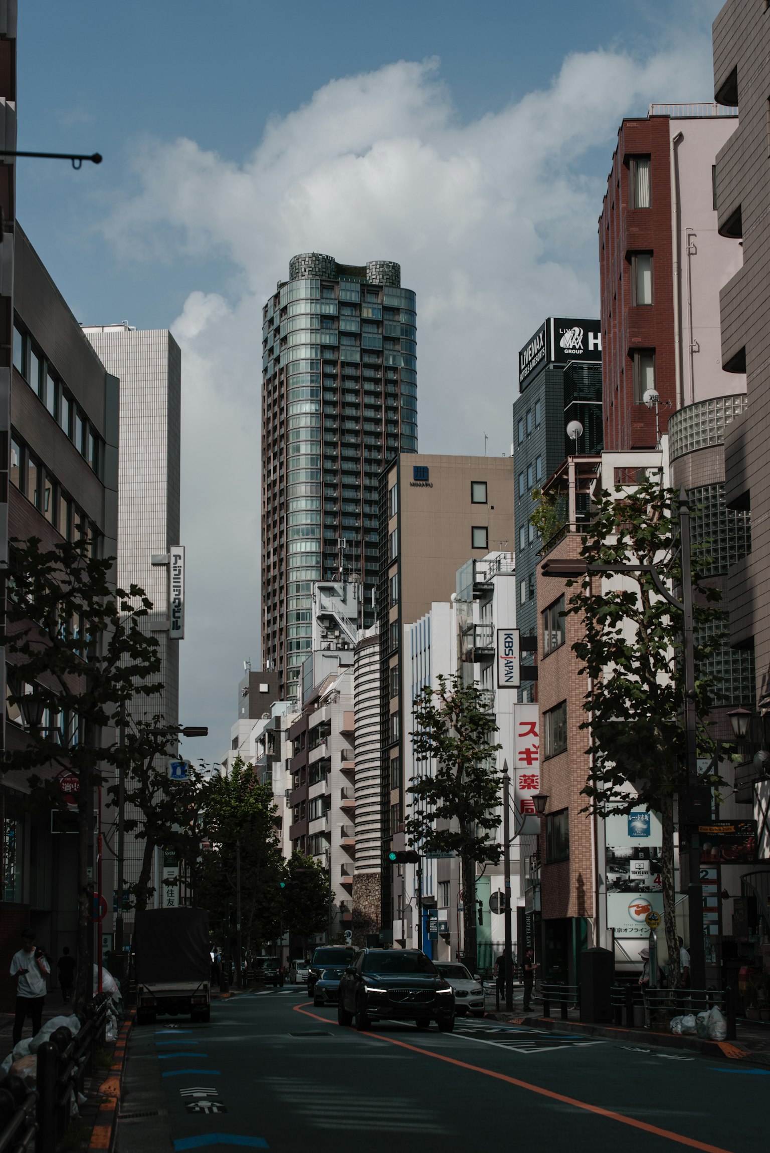 东京城市景观高楼和街道两旁的树木