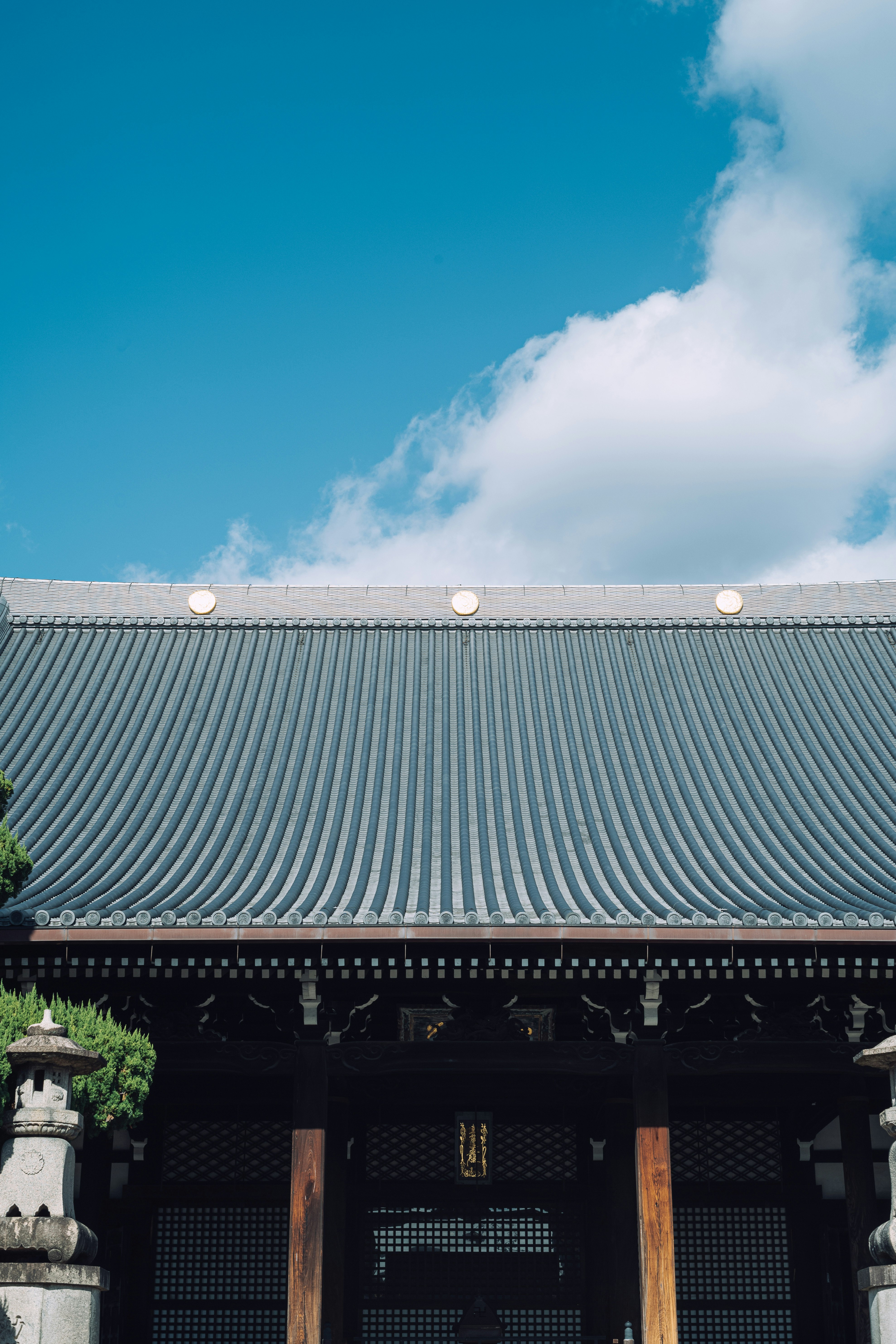 青空の下の和風の屋根と門構え