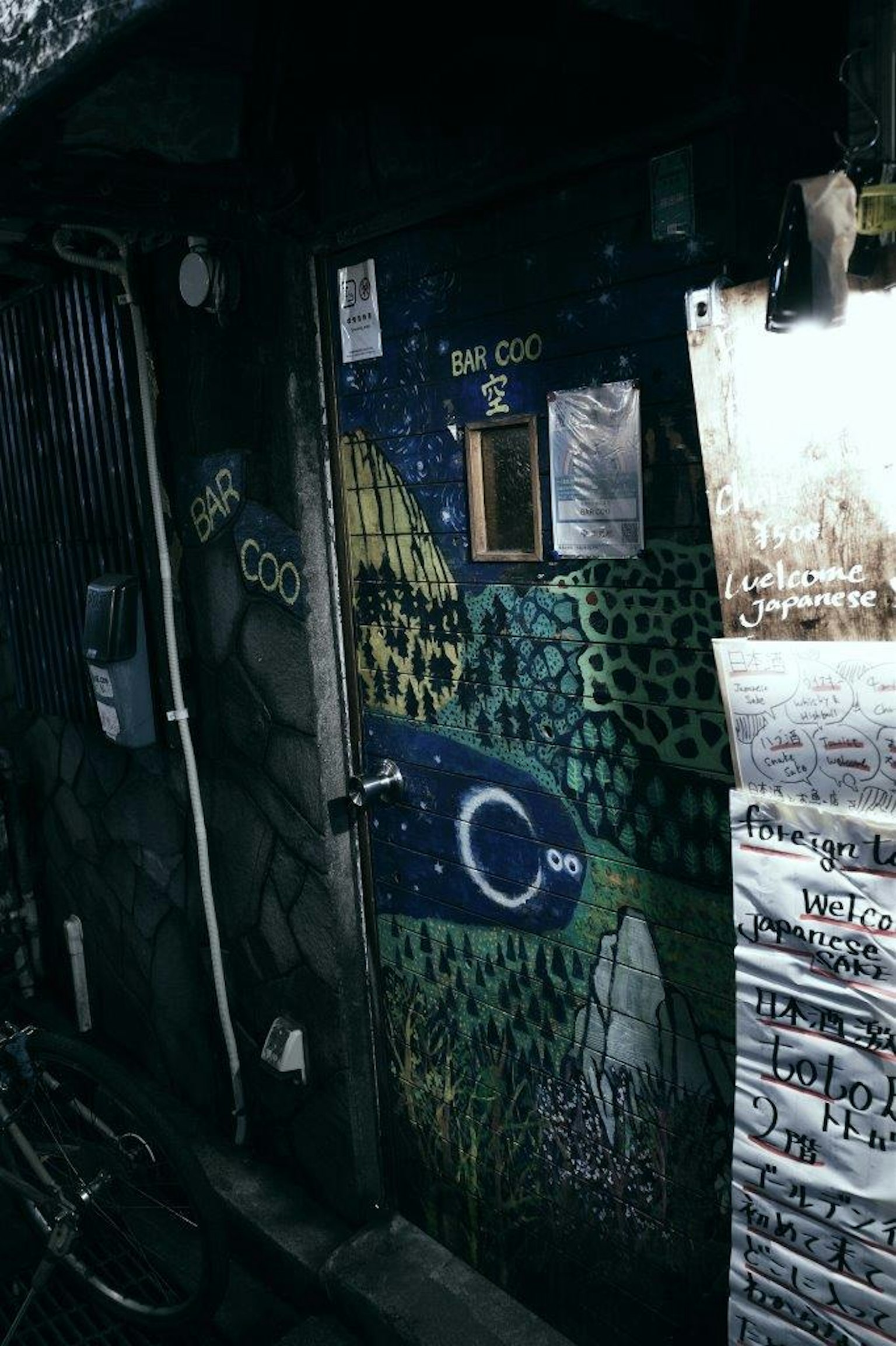 Porta decorata con graffiti in una strada buia con illustrazioni di pesci colorati