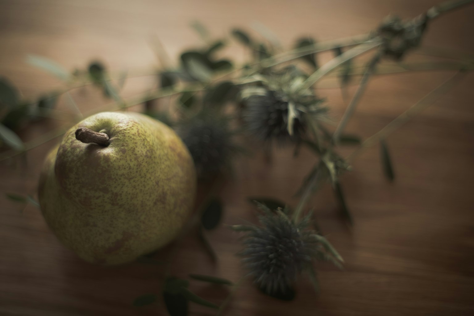 Una pera verde y plantas secas sobre una mesa de madera