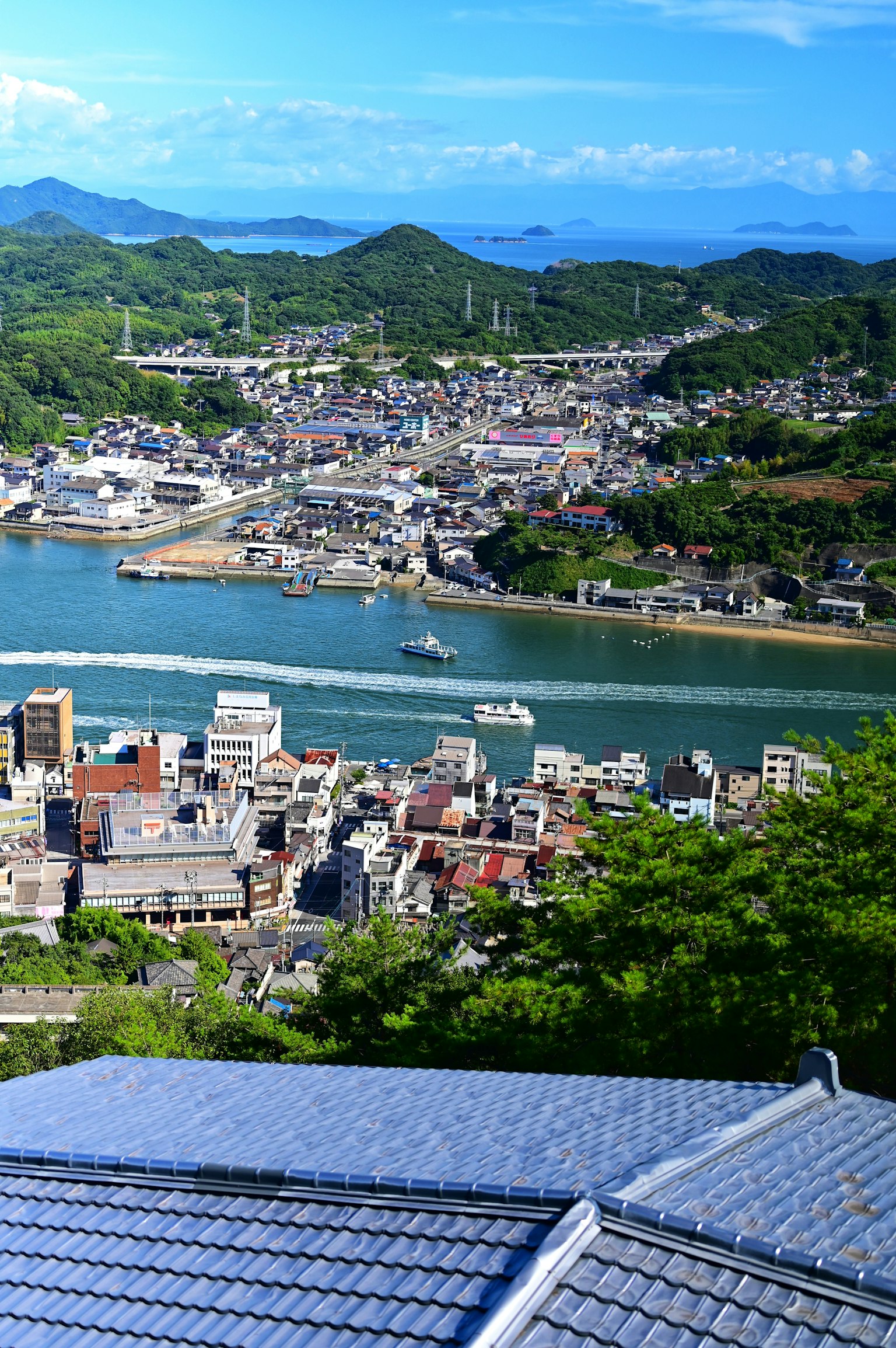 被綠色山丘和藍色水域環繞的城市風景
