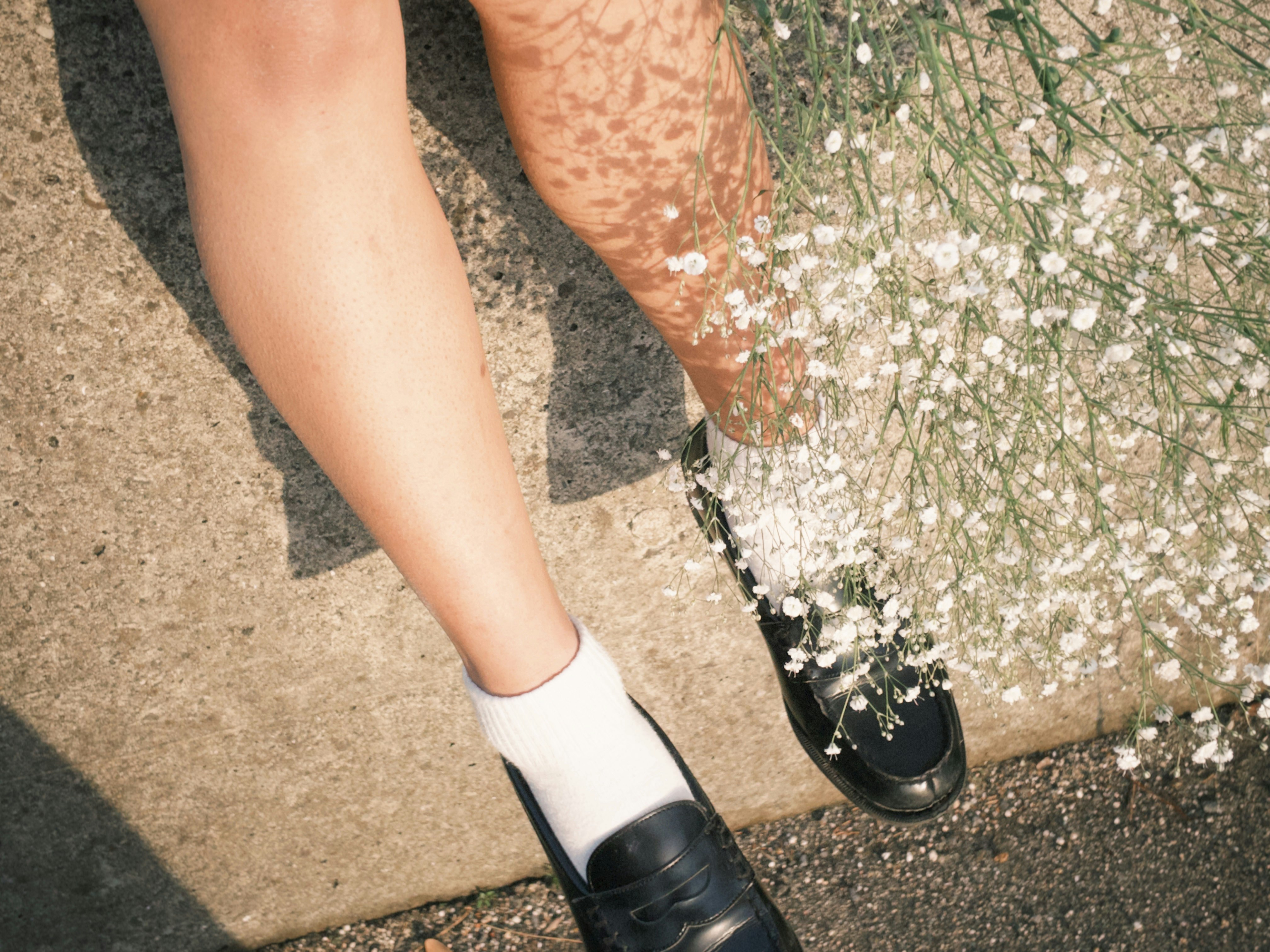 white and black shoes walking on a path scattered with petals