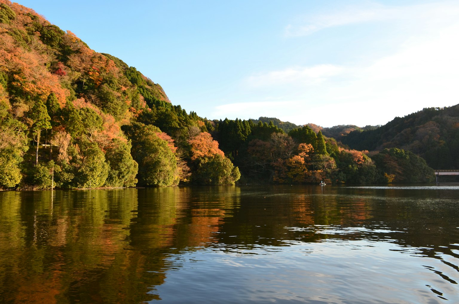 湖と秋の紅葉が映る美しい風景