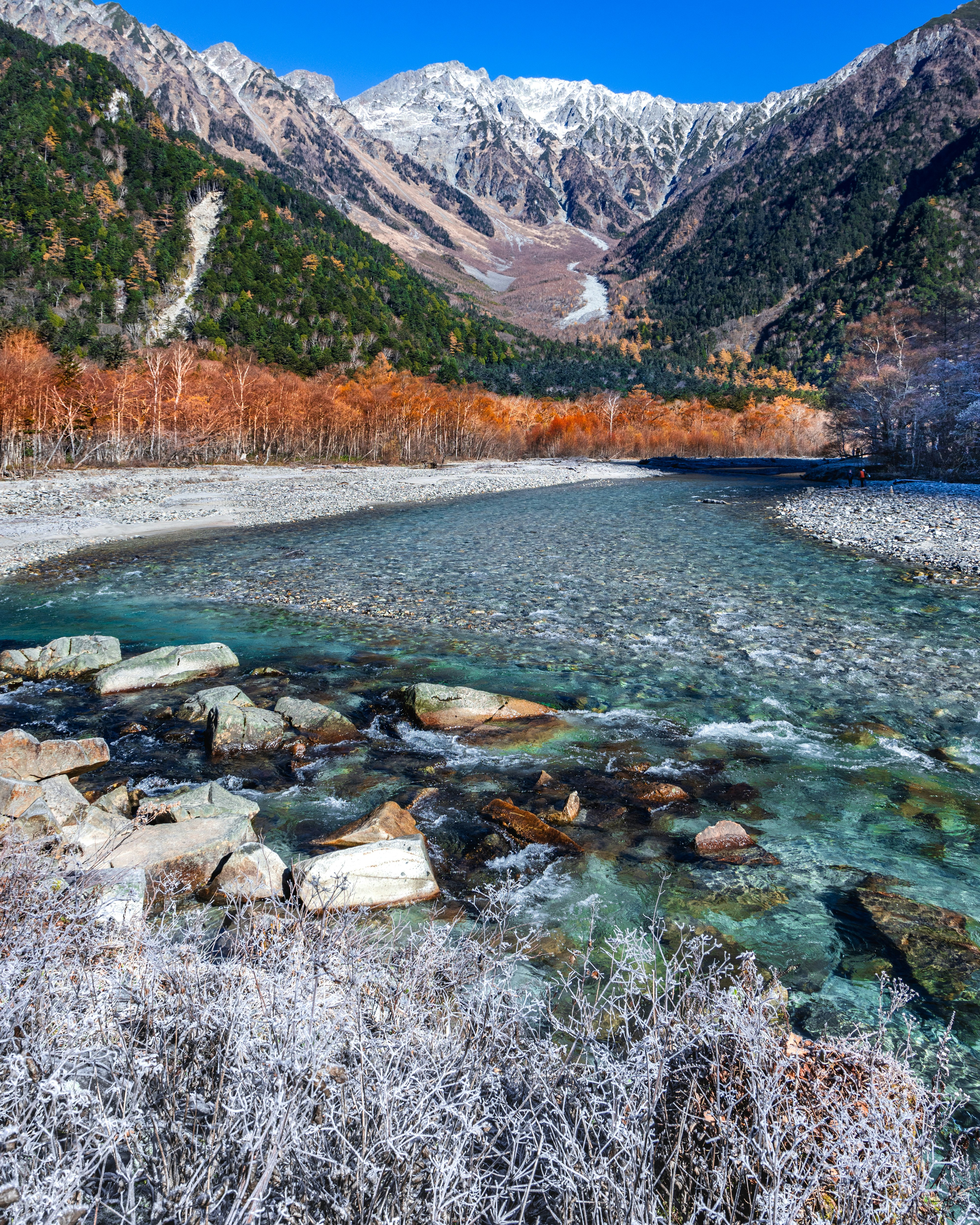 Scenic autumn landscape with a flowing river and mountains