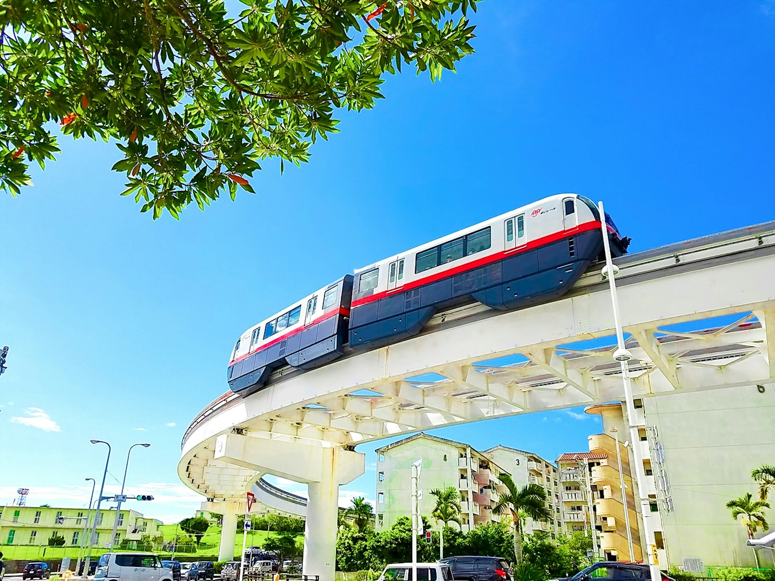 Monorail, der unter einem blauen Himmel mit umliegenden grünen Bäumen fährt