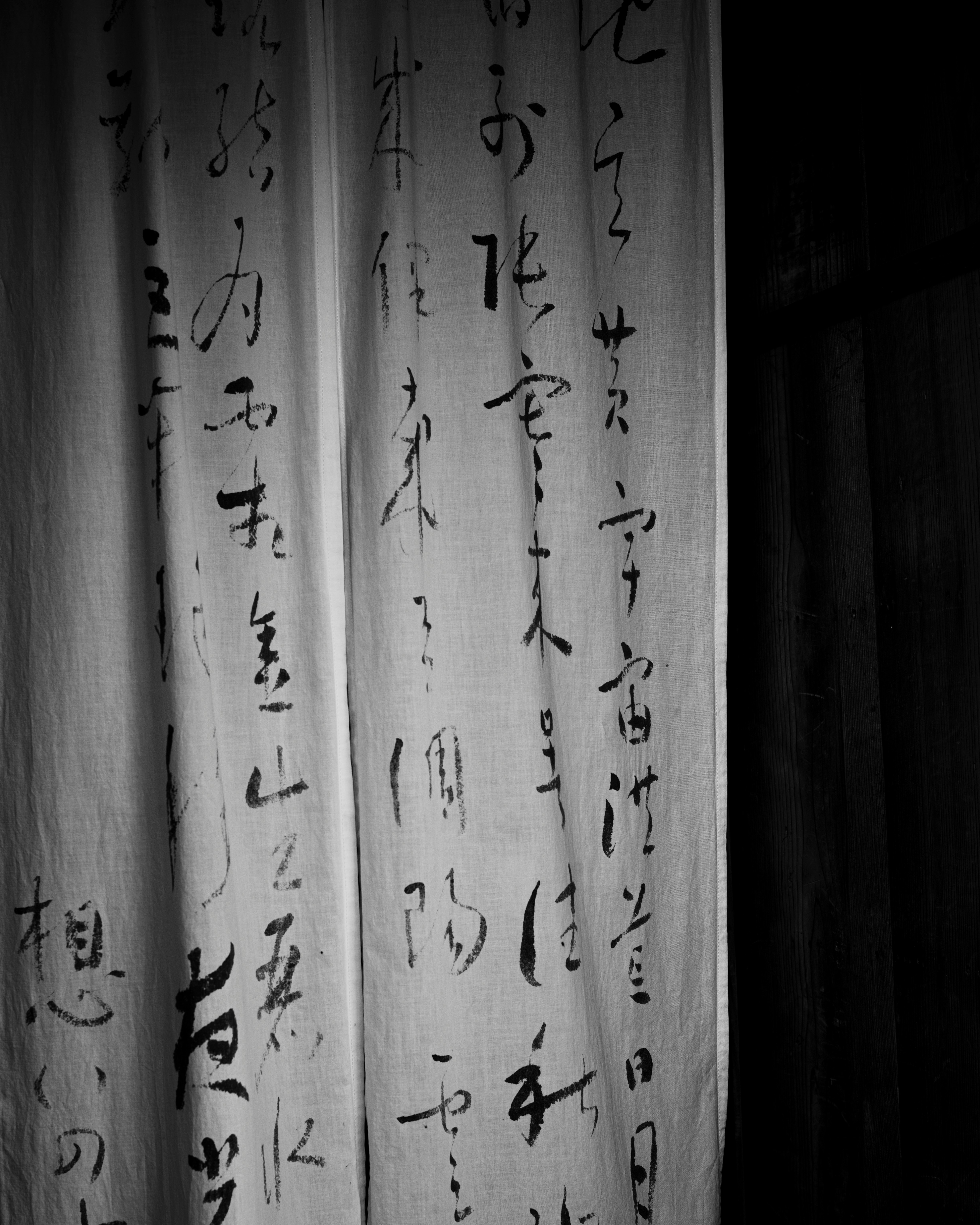 Japanische Kalligraphie auf einem Stoff-Noren-Vorhang
