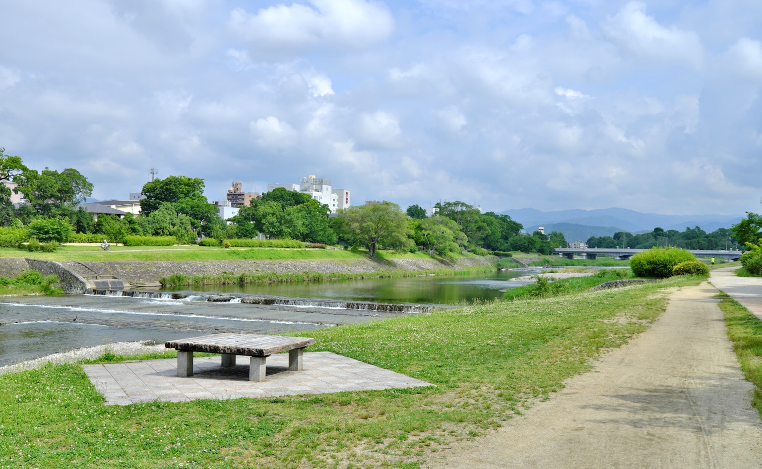 ทิวทัศน์ที่สวยงามของสวนสีเขียวข้างแม่น้ำที่มีม้านั่งและทางเดิน