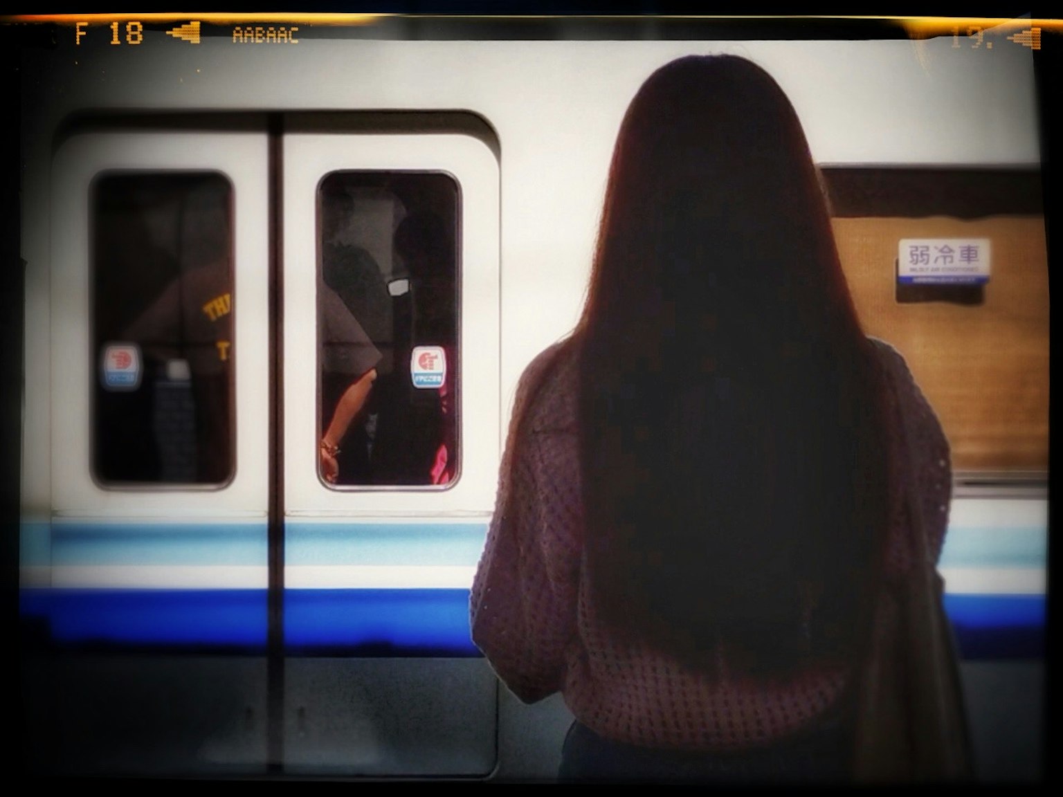 Una mujer de pie frente a la puerta de un tren con cabello largo