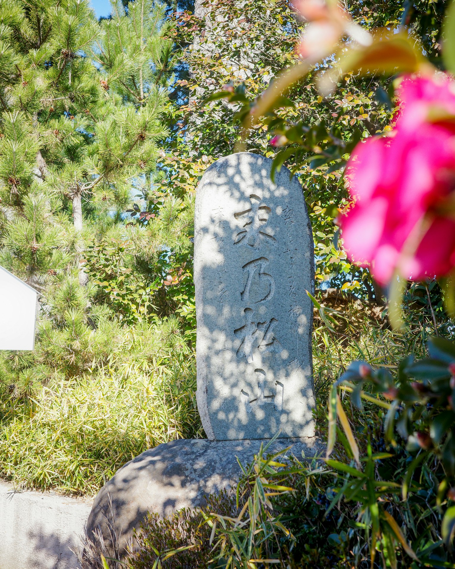 Monumento in pietra in un parco circondato da fiori vivaci