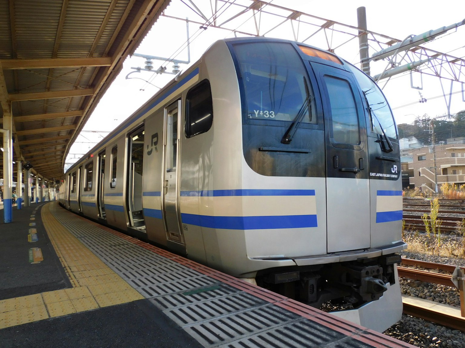 Modern train at a station side view