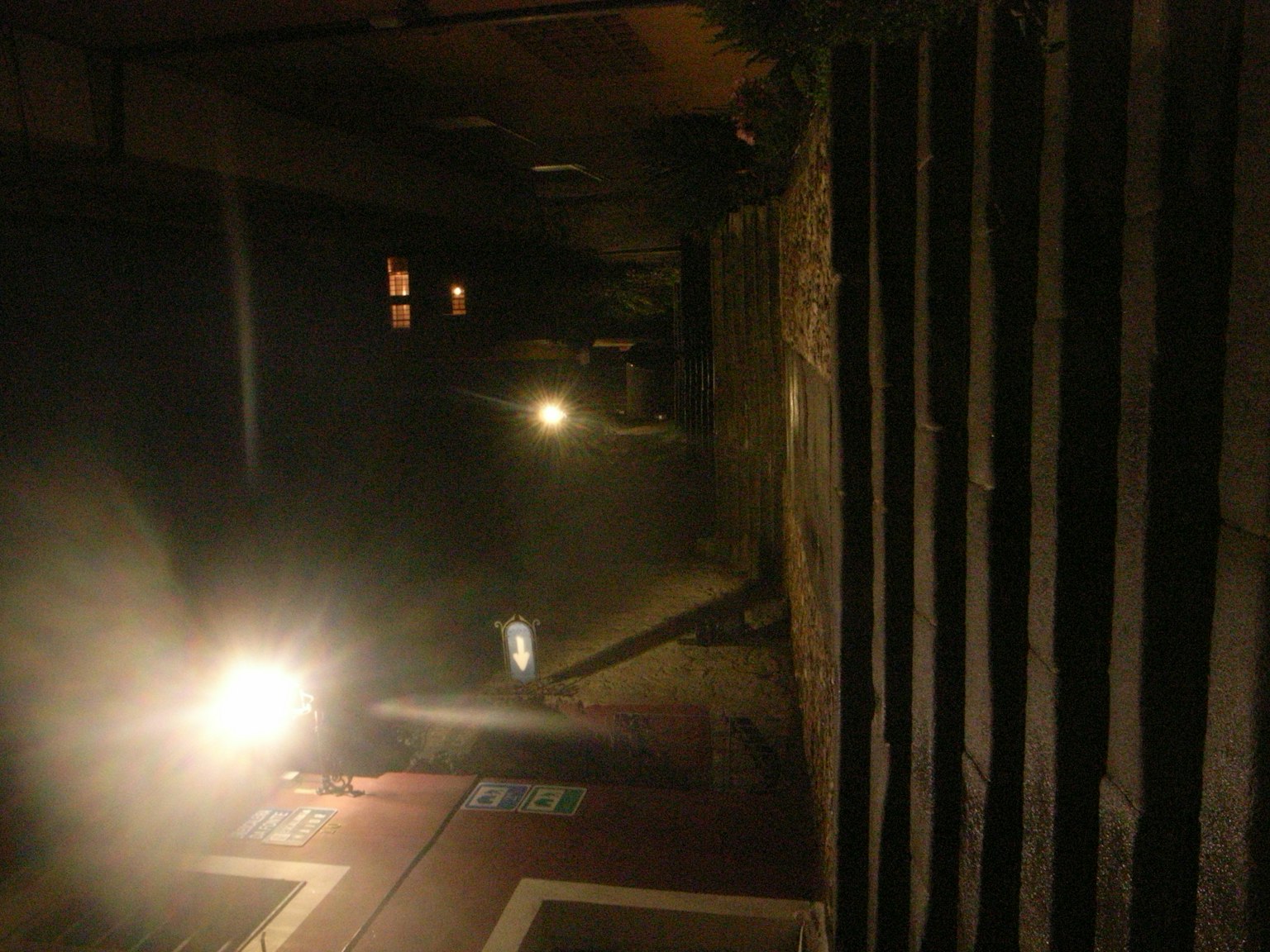 Lorong remang-remang dengan dua lampu dan dinding kayu
