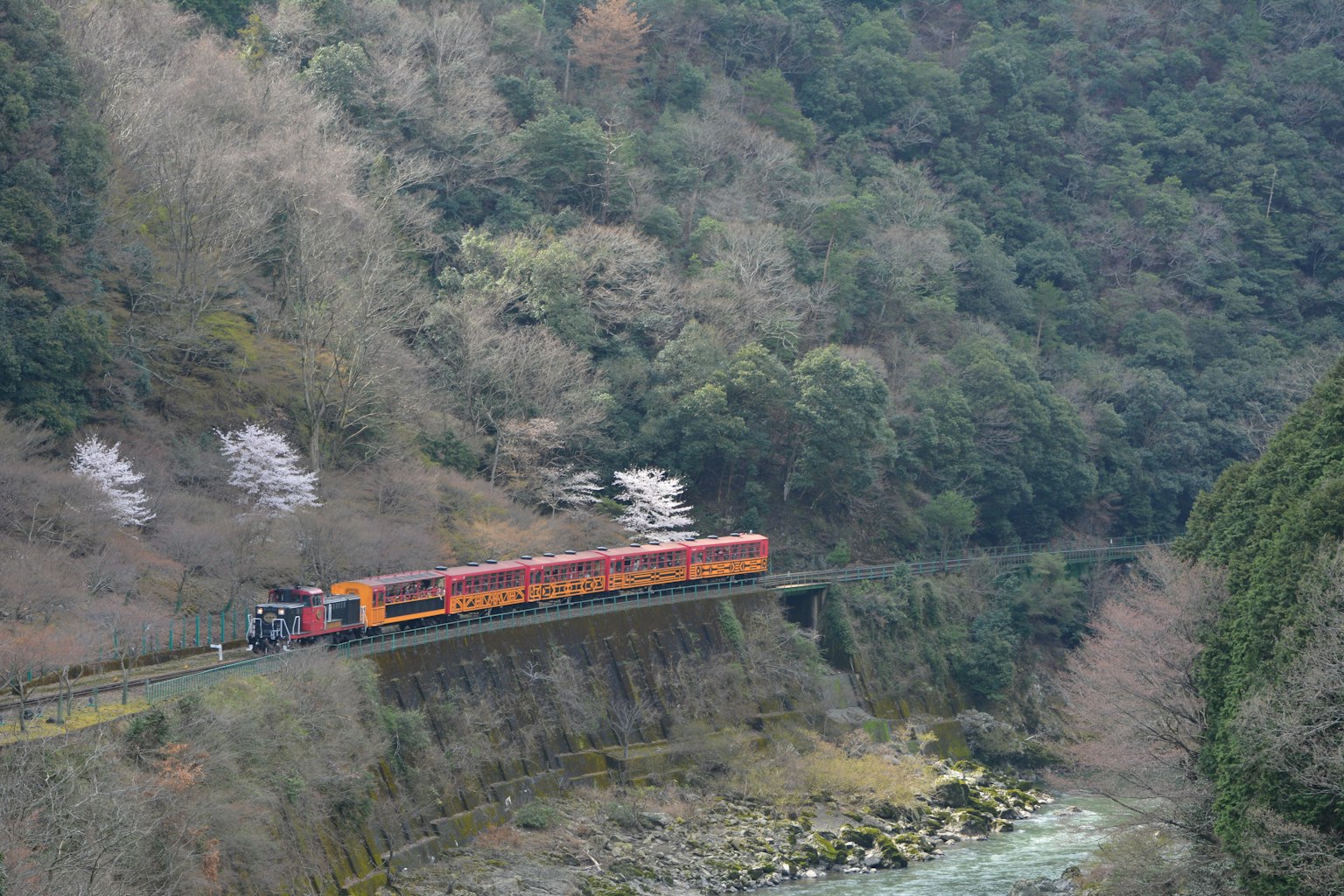 Red train traveling through green mountains and a river landscape