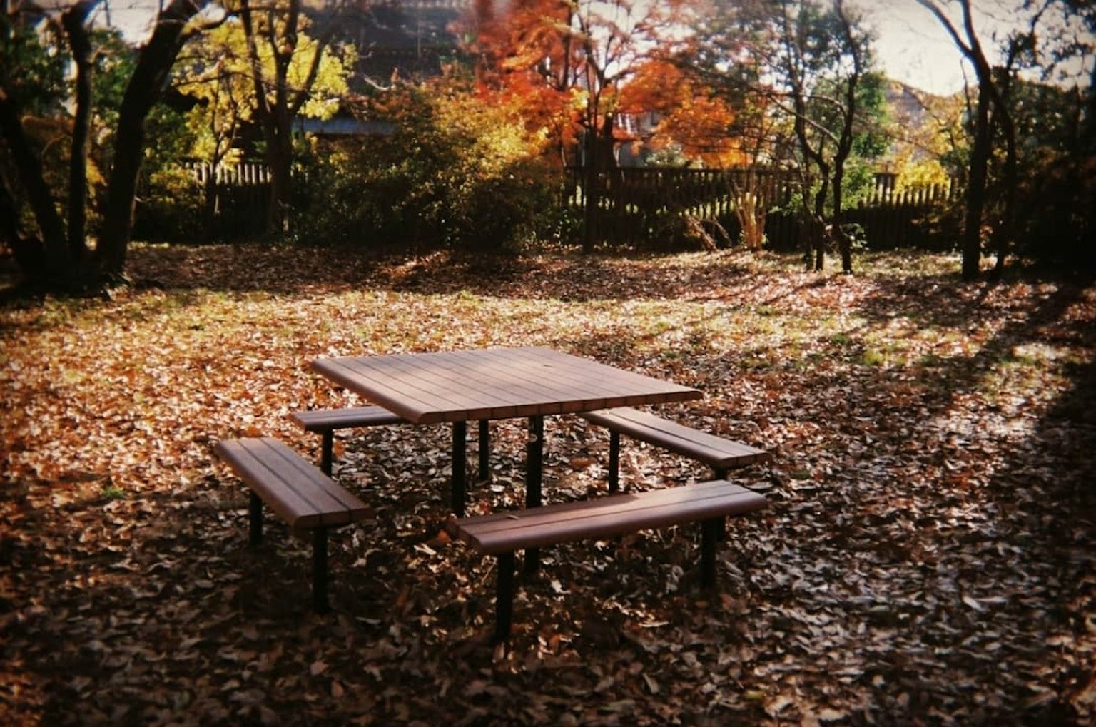 Mesa y bancos en un parque cubiertos de hojas de otoño