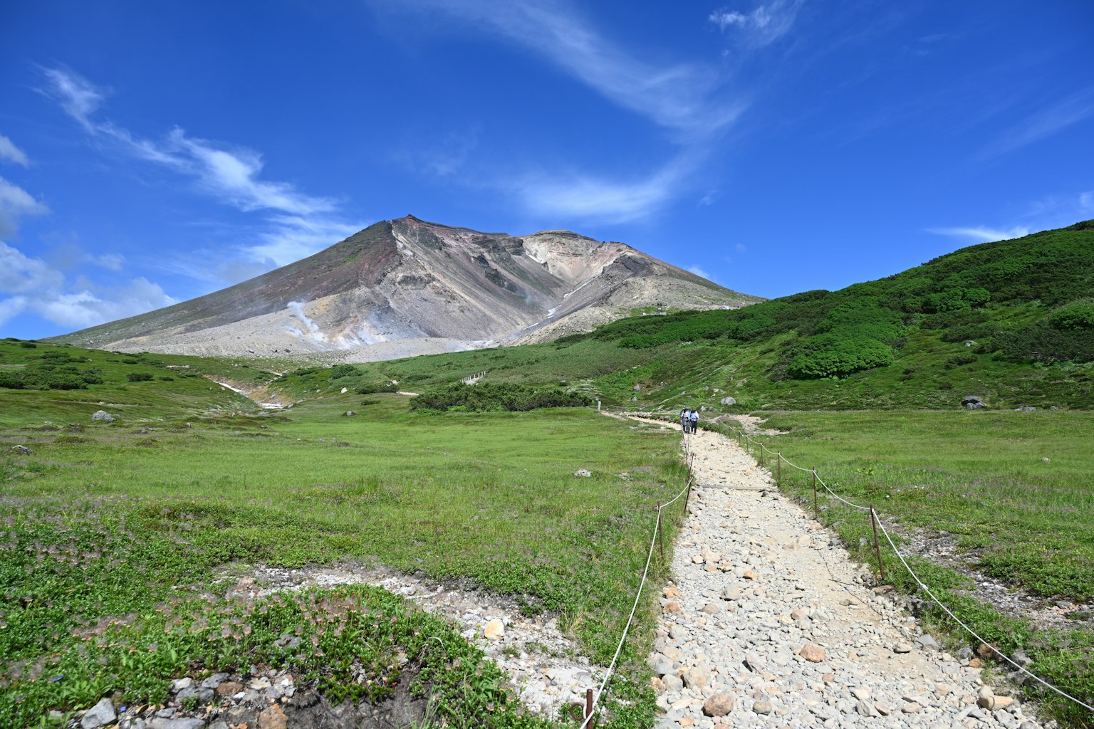 Mountain landscape with a gravel path and green grass under a blue sky