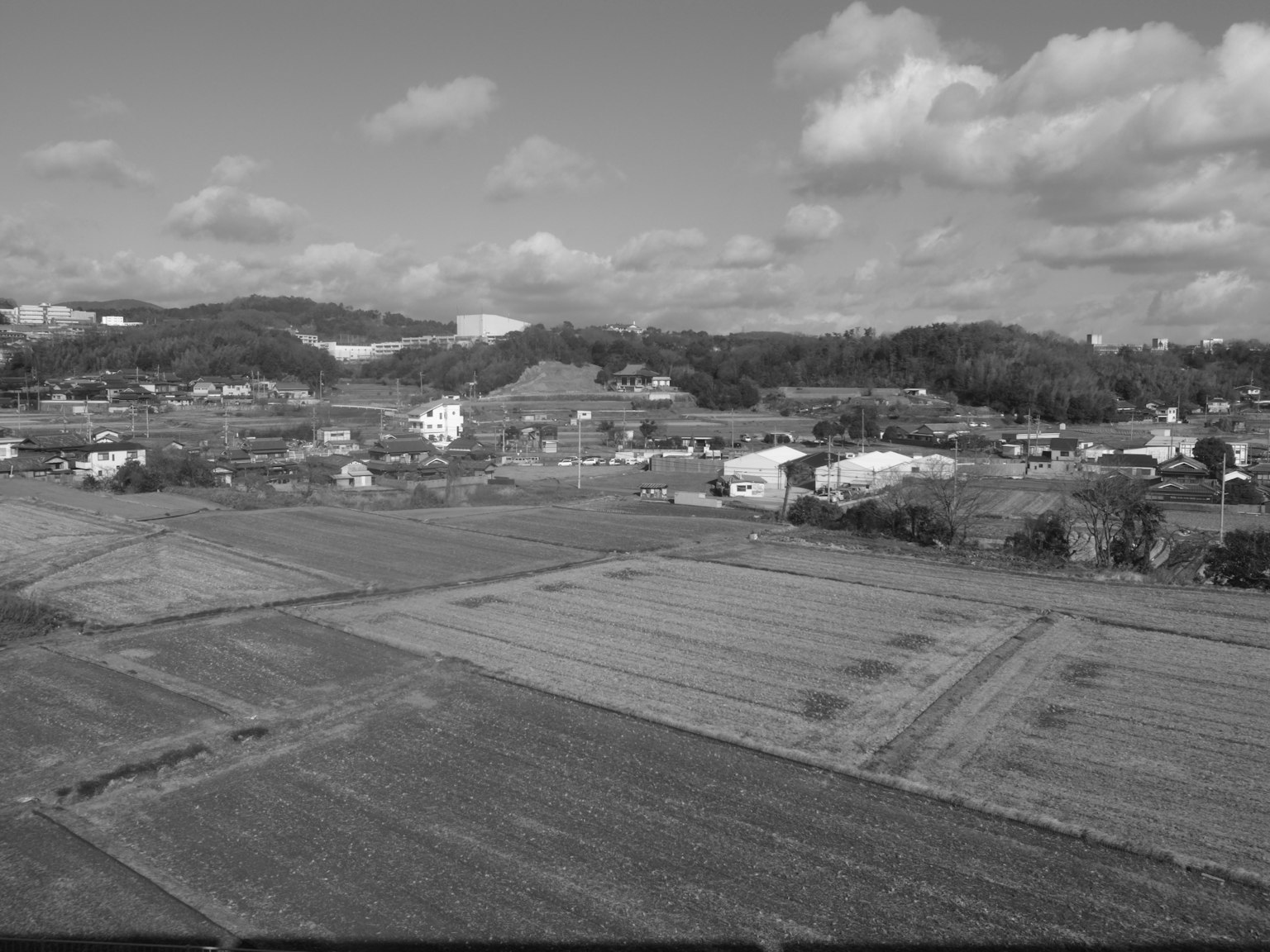Black and white landscape photo showing fields and houses