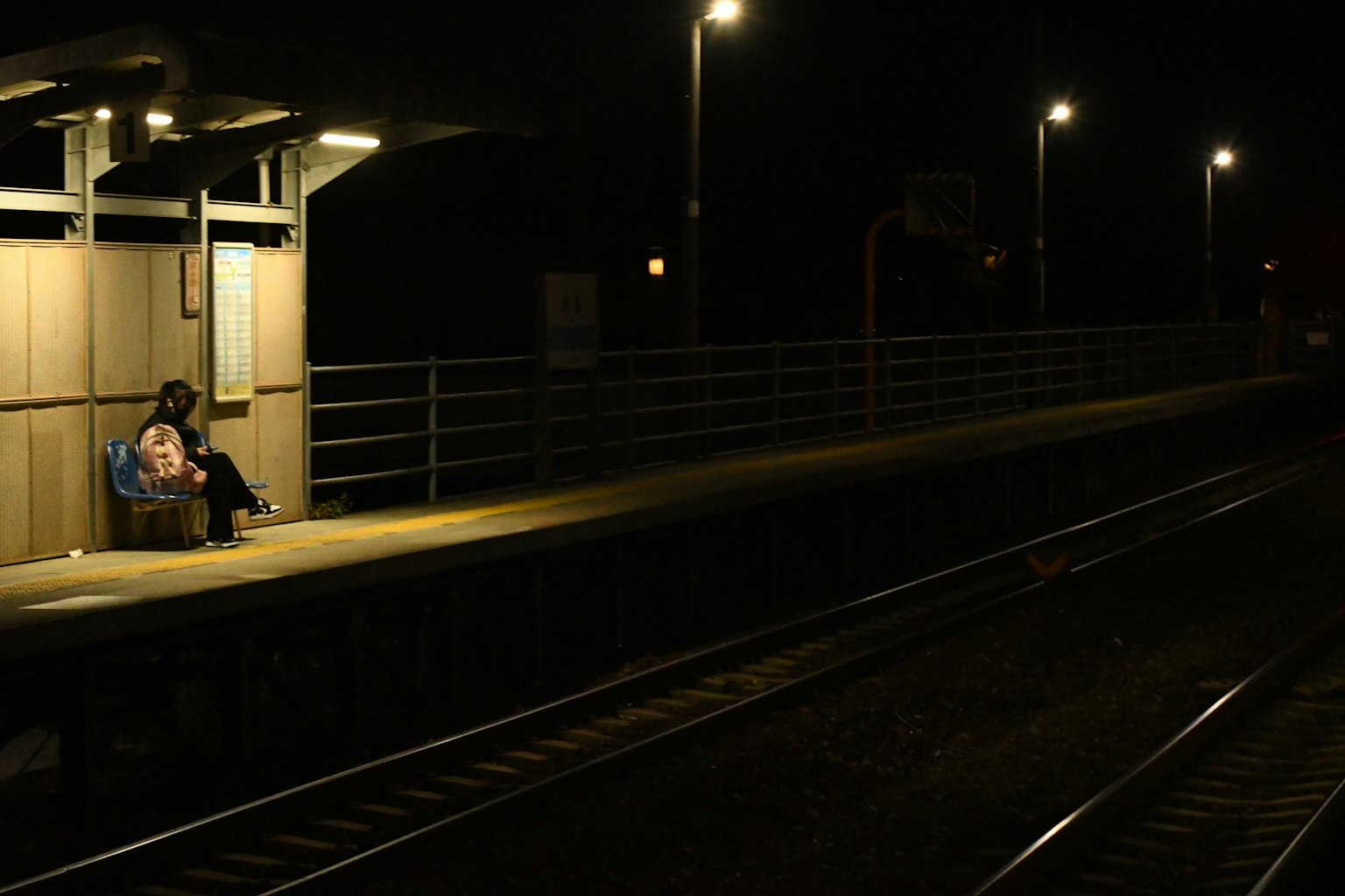 Persona seduta su una banchina di treno di notte