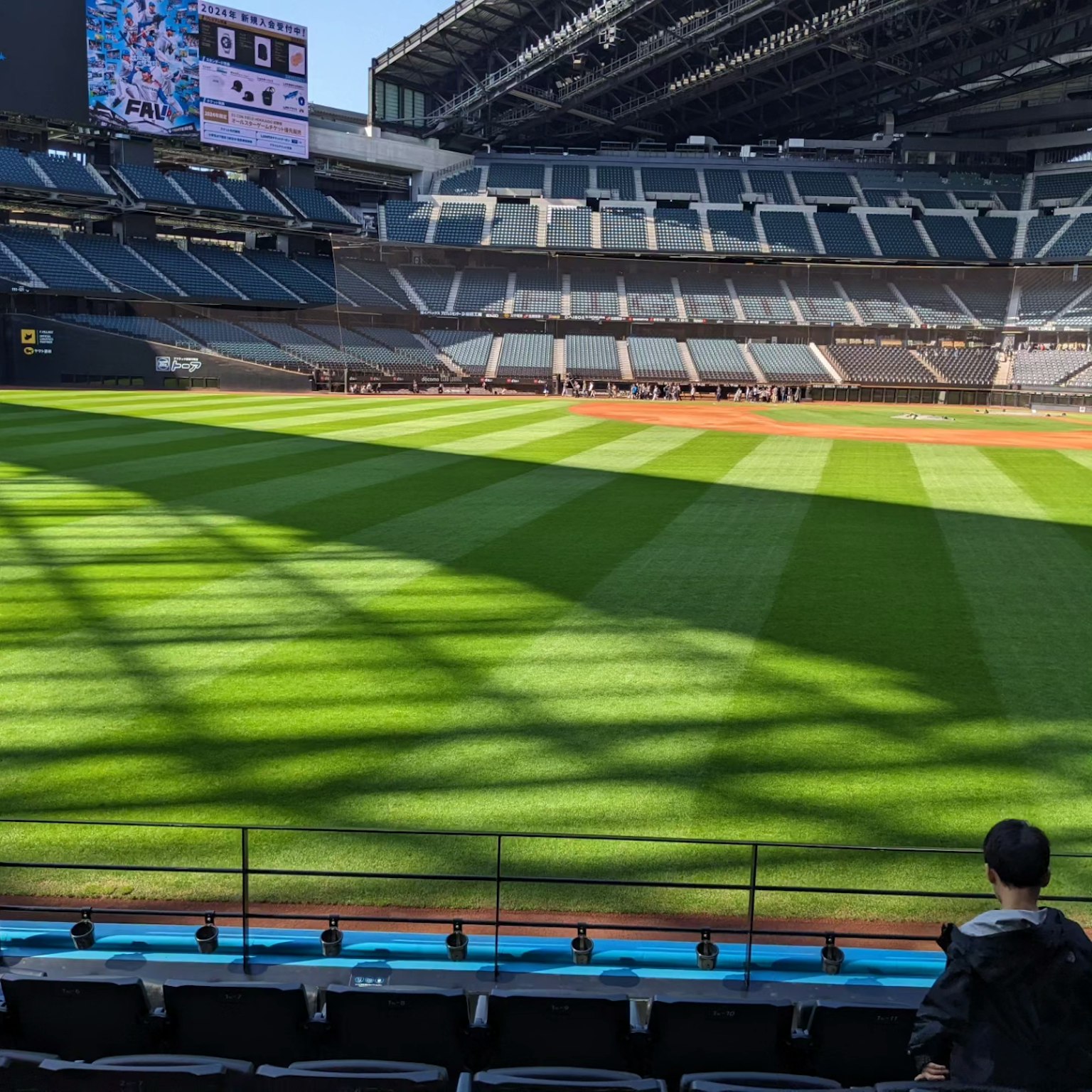 Interno di uno stadio di baseball con erba e ombre create dalla luce del sole