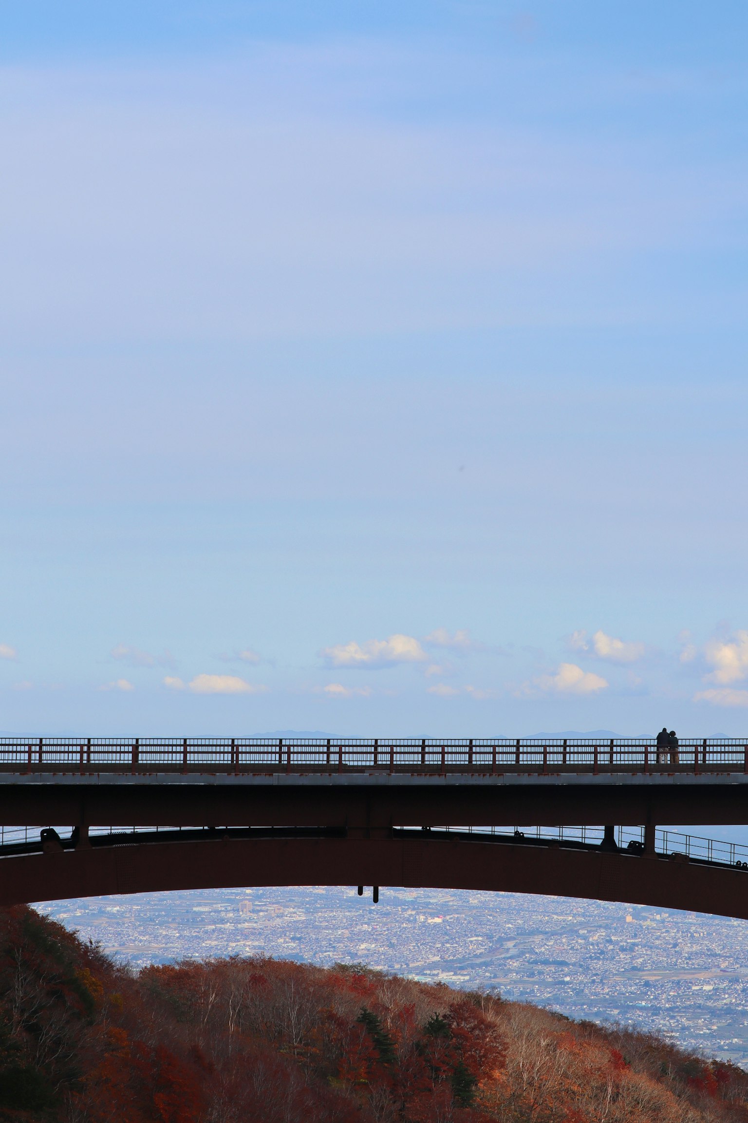 Un ponte sopra un cielo blu e un oceano con fogliame autunnale sotto