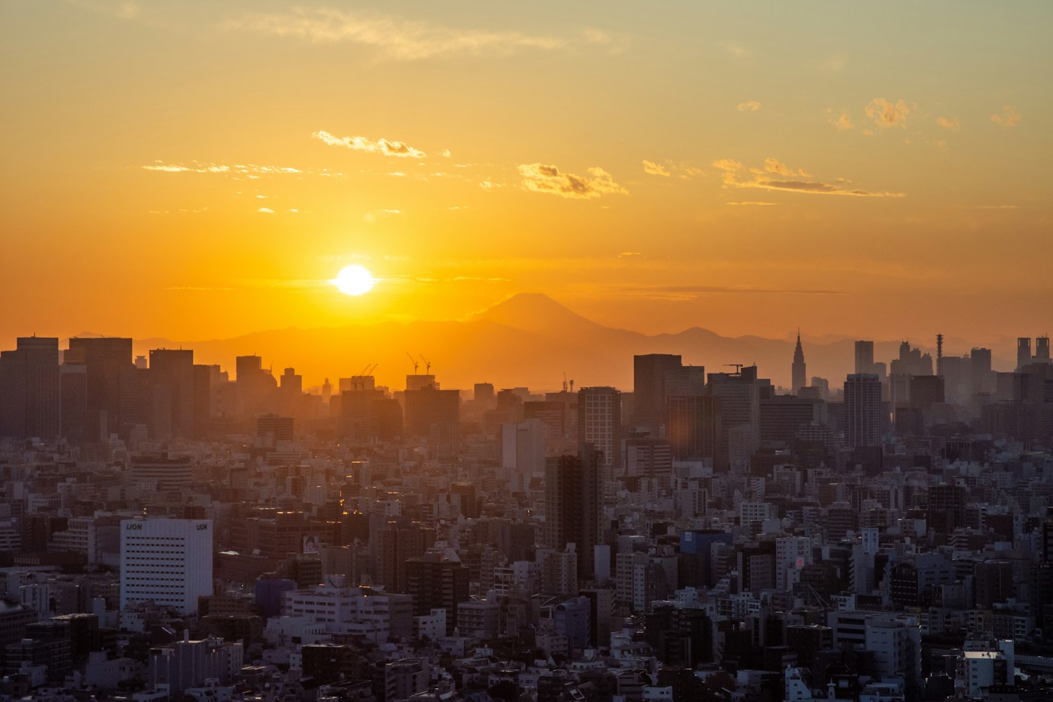 Tokio Skyline bei Sonnenuntergang mit Silhouette des Fuji