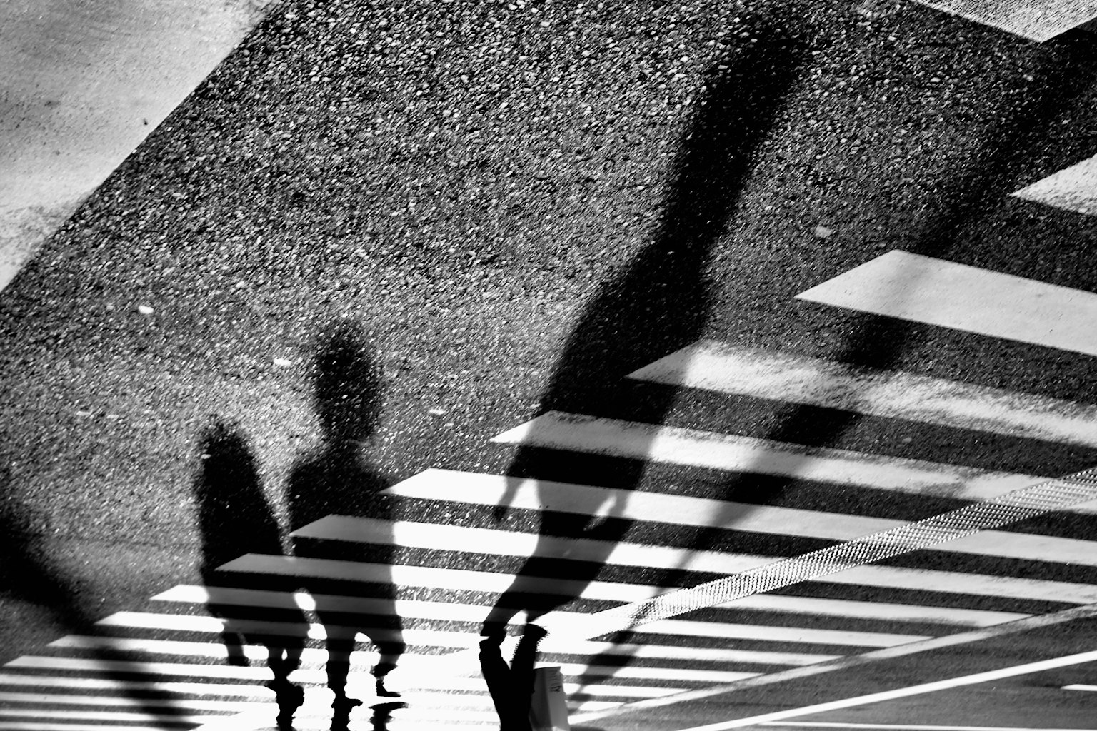 Foto in bianco e nero delle ombre su un attraversamento pedonale