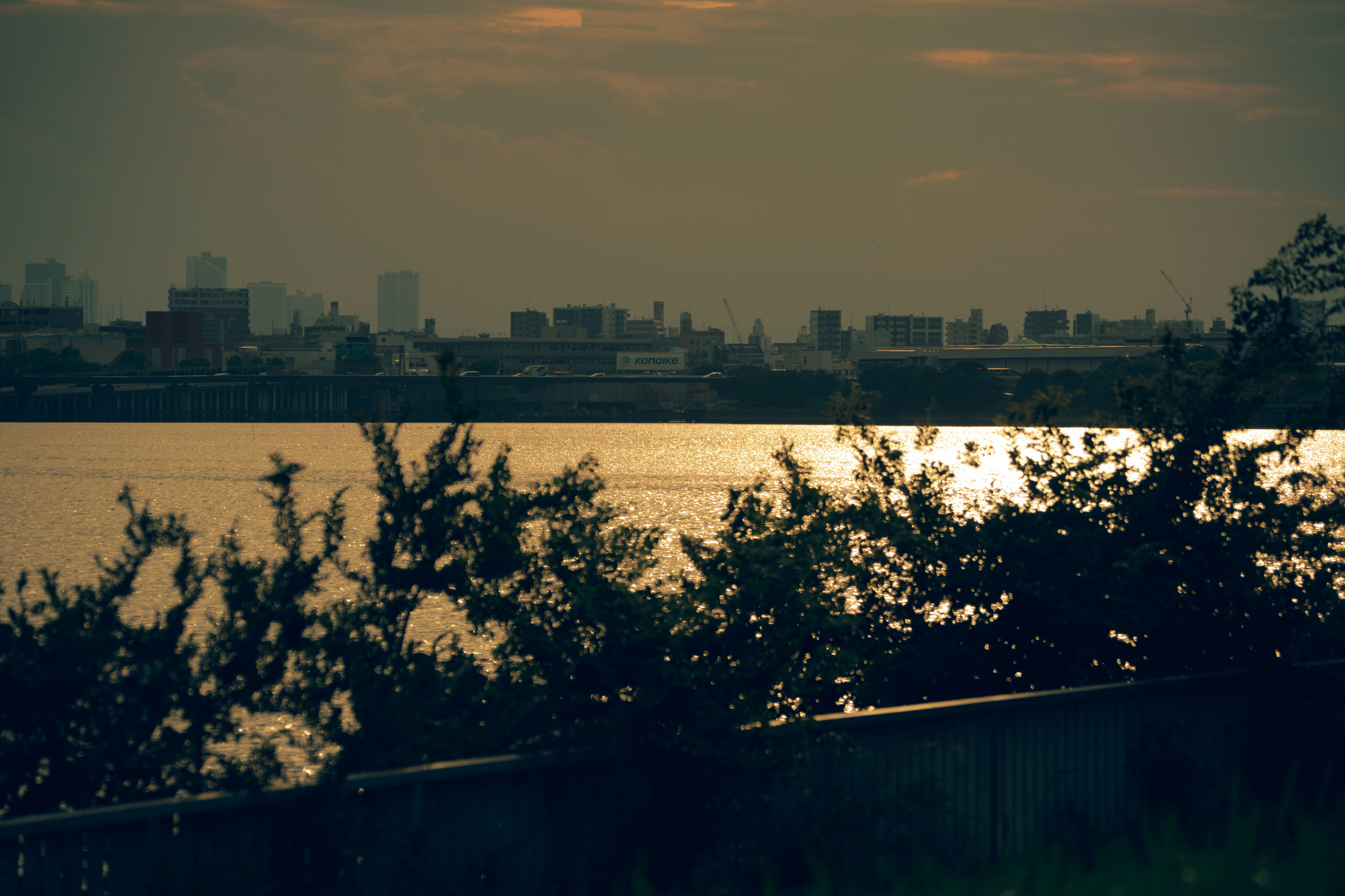 Sommer-Dämmerungsblick auf Ufer und Stadtbild von Keihinjima aus