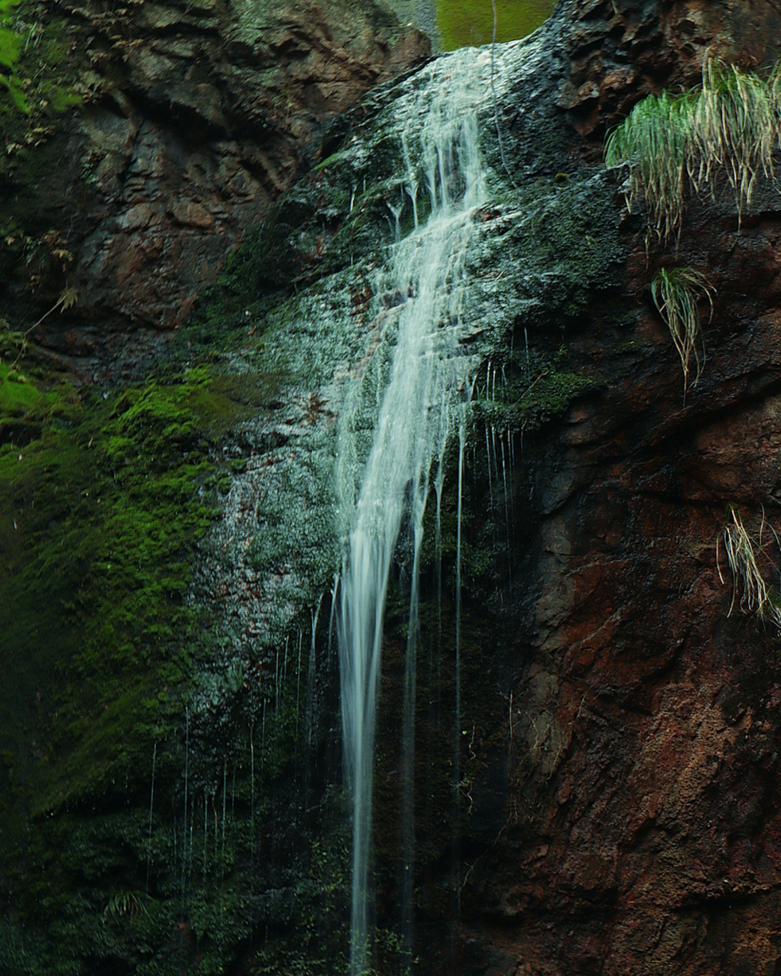 Air terjun yang indah mengalir di antara batu-batu dikelilingi tanaman hijau