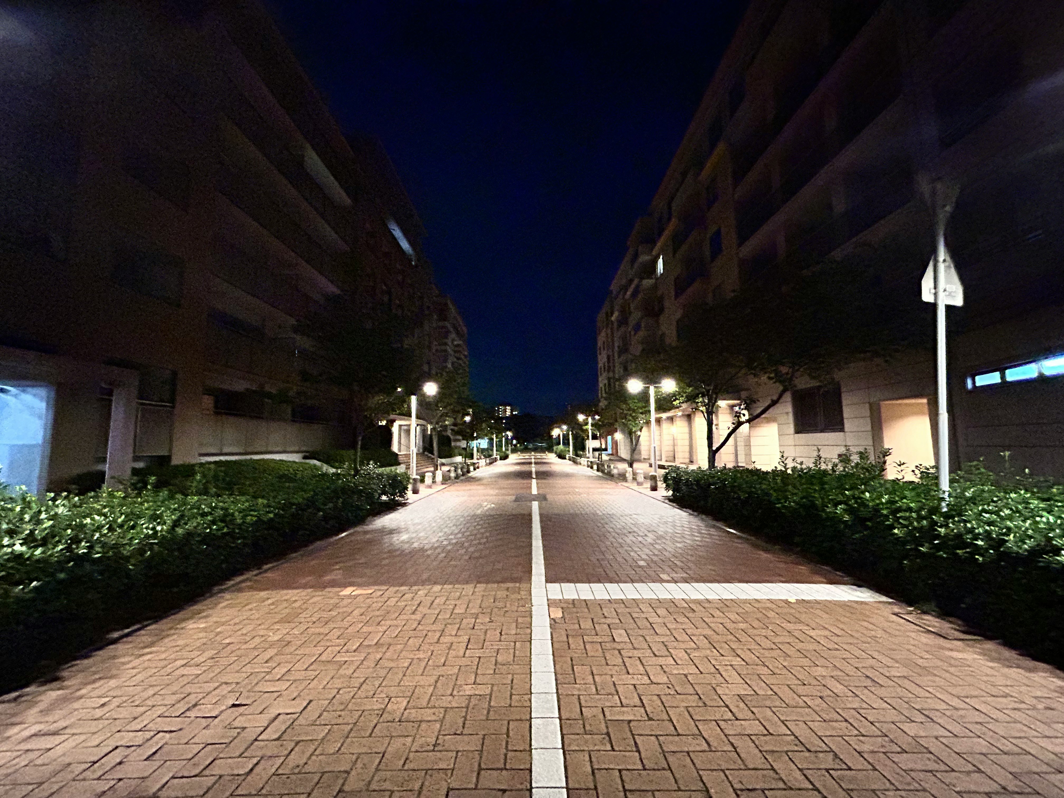 brick-paved street lined with streetlights at night