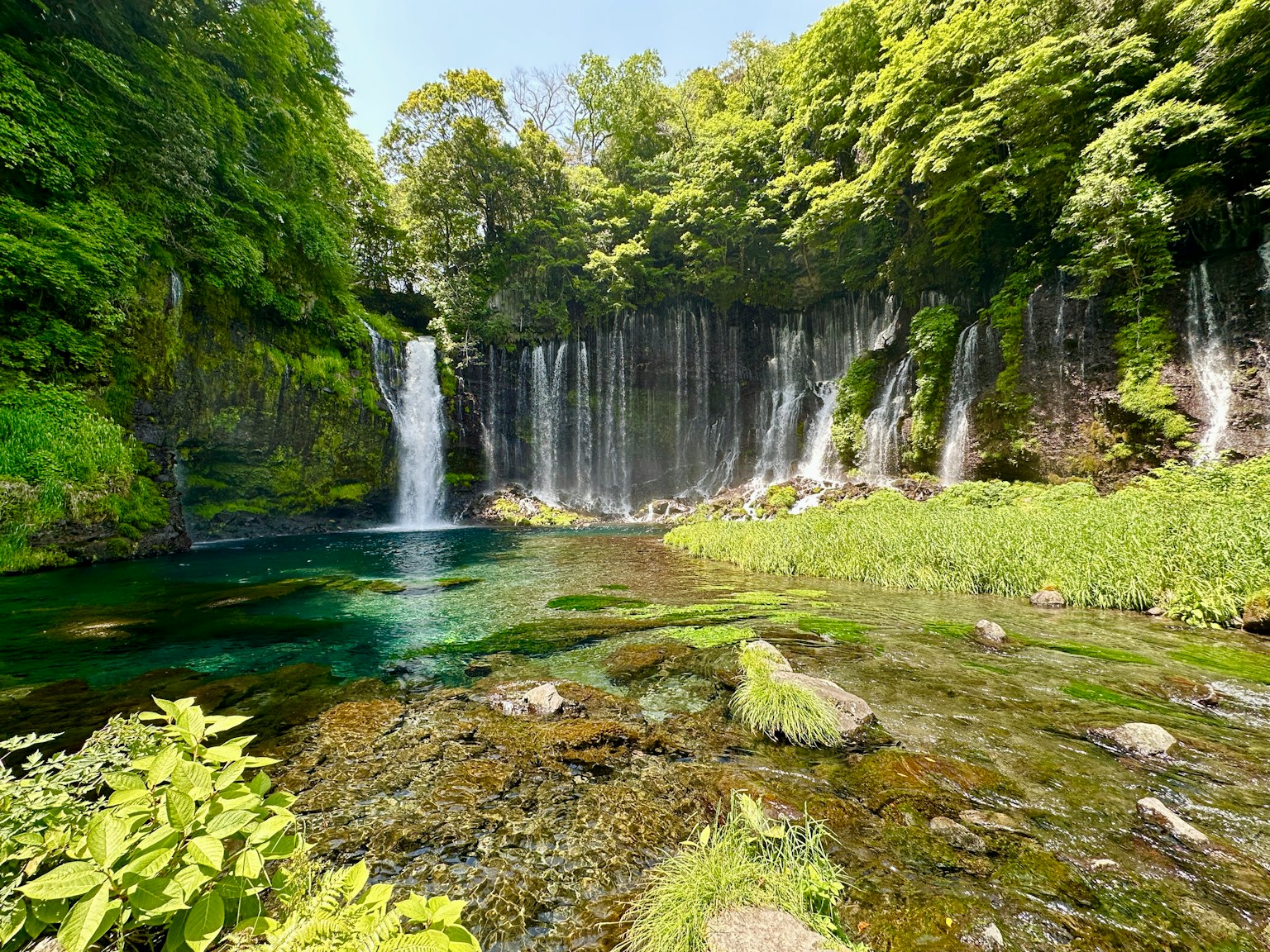 Vue panoramique de chutes d'eau entourées de verdure luxuriante