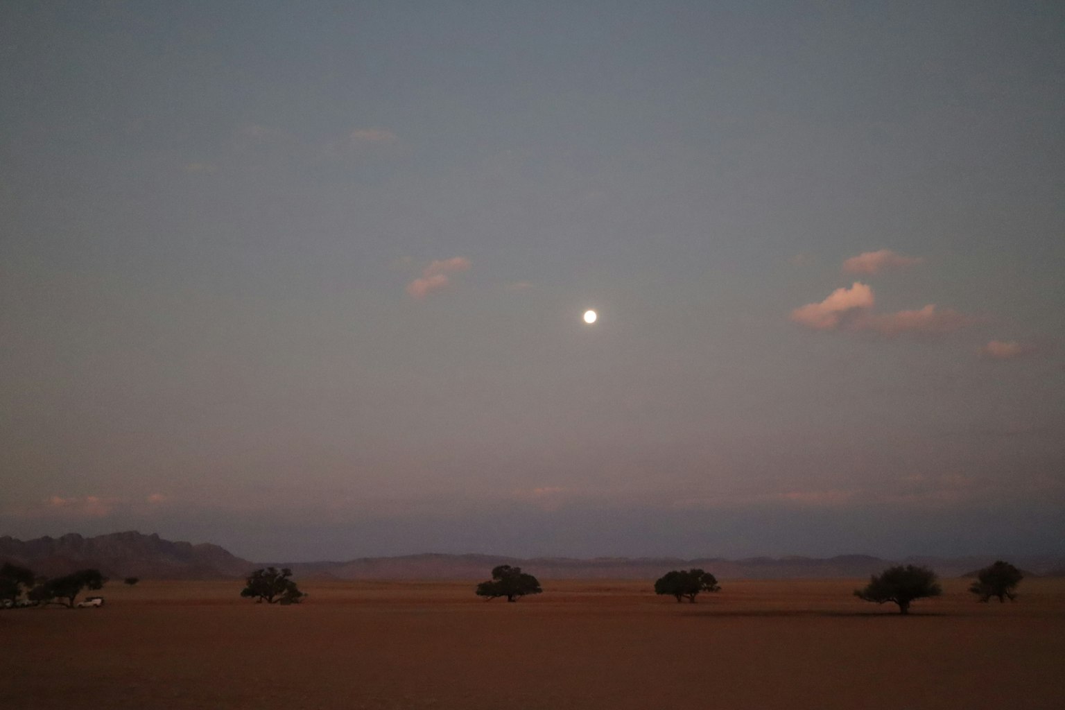 Bulan terbit di atas lanskap luas dengan pohon-pohon yang tersebar saat senja