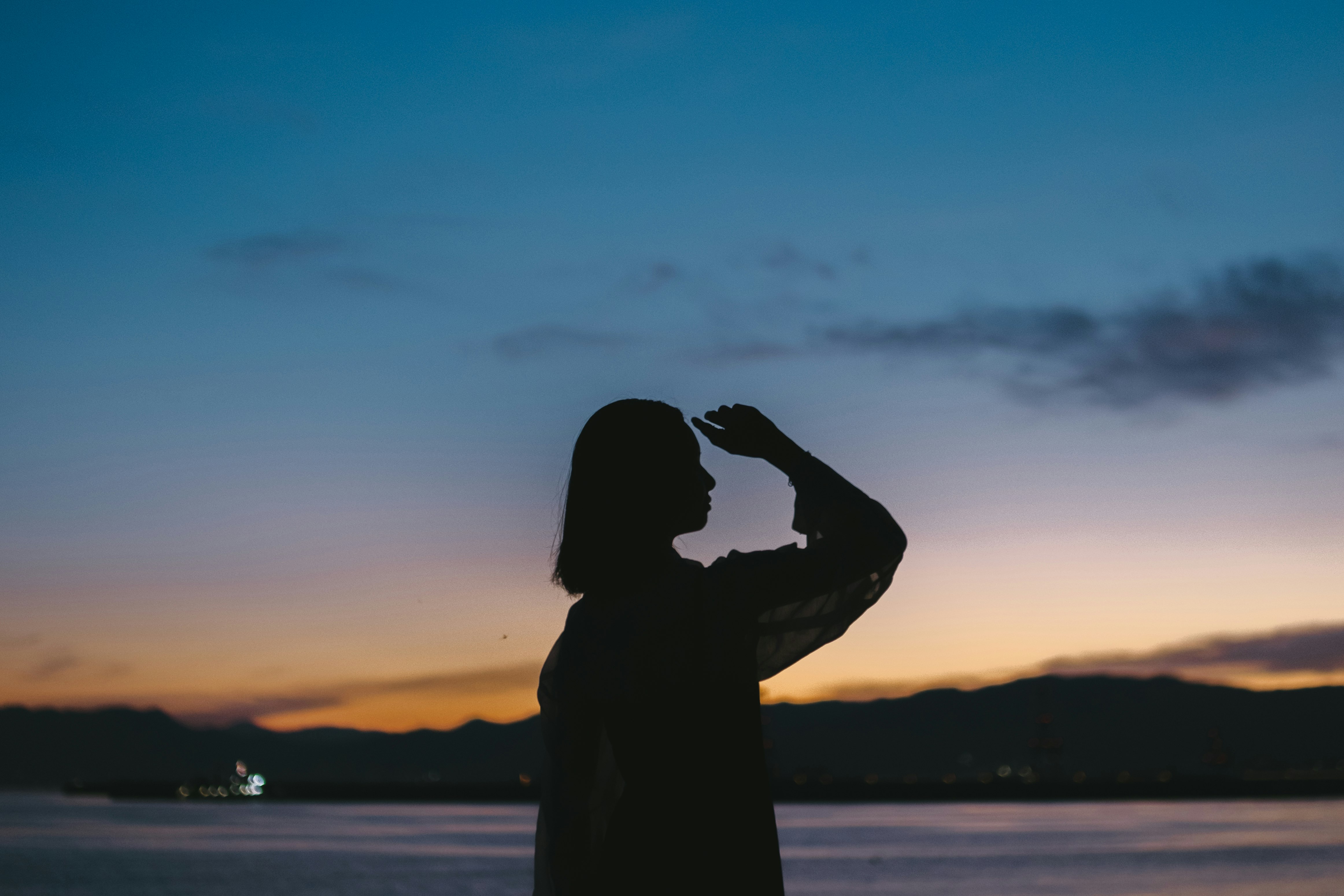 夕暮れの湖畔で抱き合うシルエット