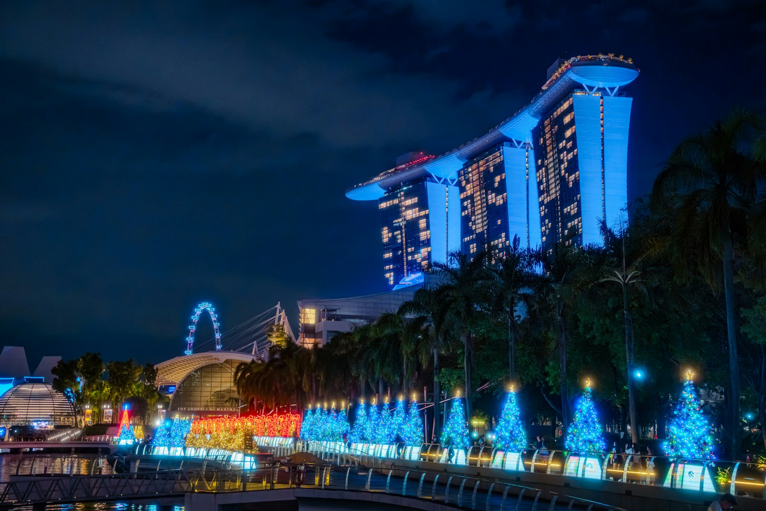夜のシンガポールのマリーナベイサンズと観覧車の美しい景色