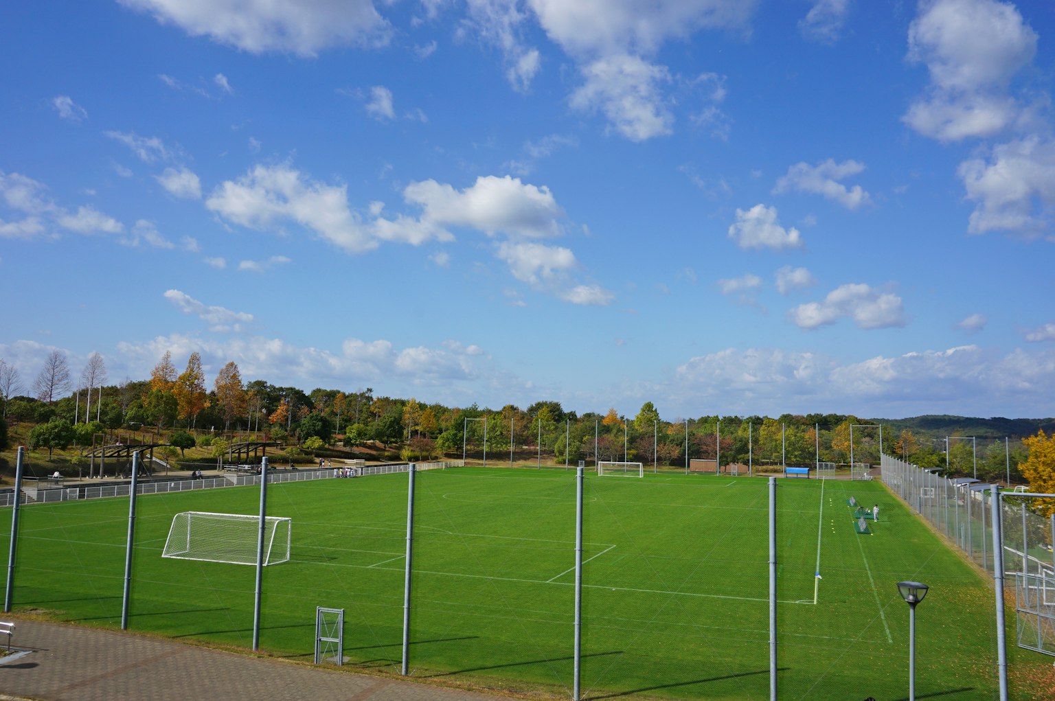 Lapangan sepak bola dengan rumput hijau di bawah langit biru dan awan putih dengan gawang