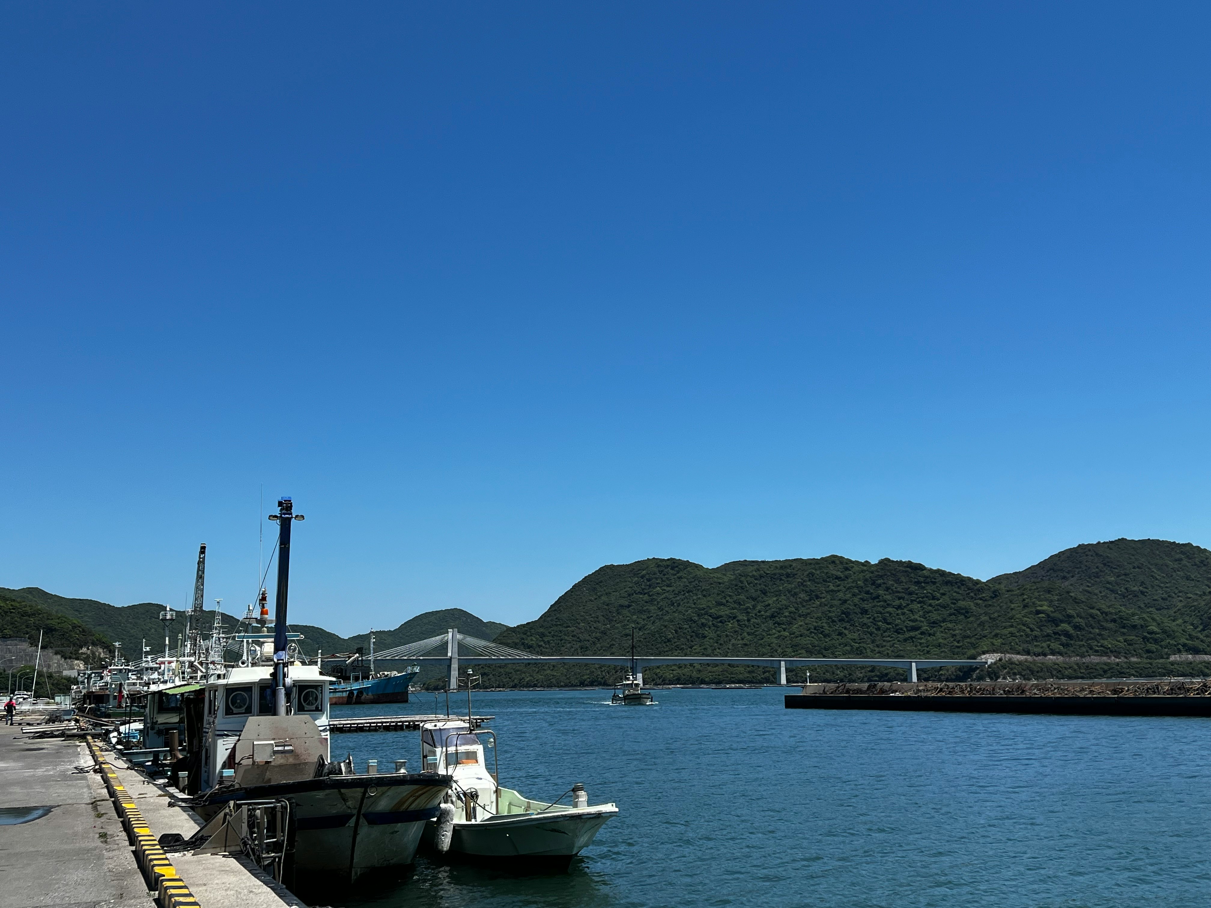 晴朗天气下的港口停泊船只与防波堤